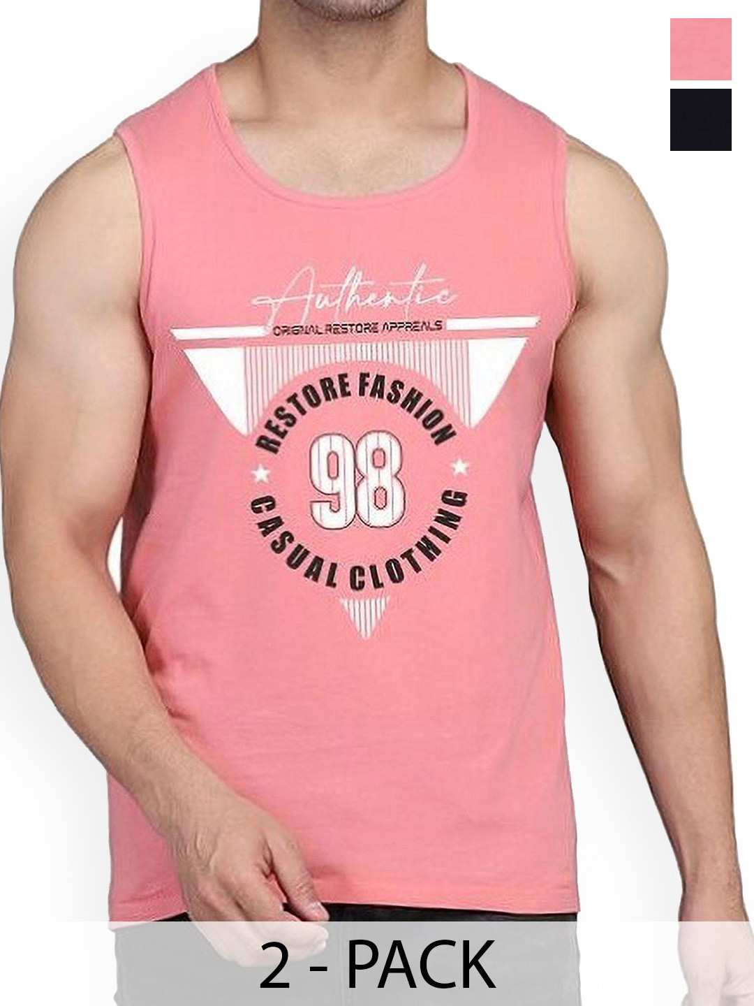 

WOOSTRO Pack Of 2 Printed Combed Cotton Gym Vest, Peach