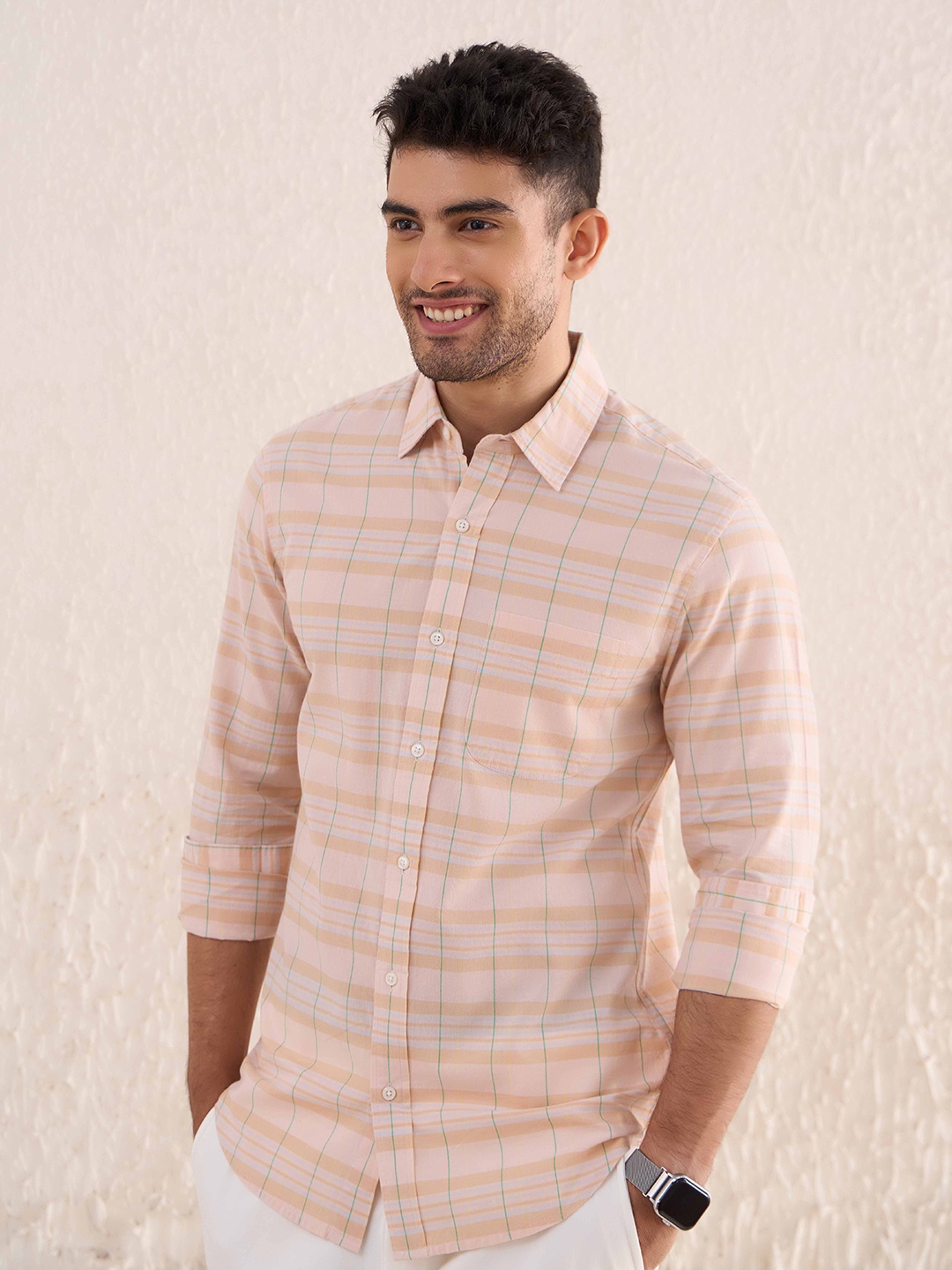 

PINK SUPPLY Men Classic Fit Spread Collar Checked Cotton Casual Shirt, Peach