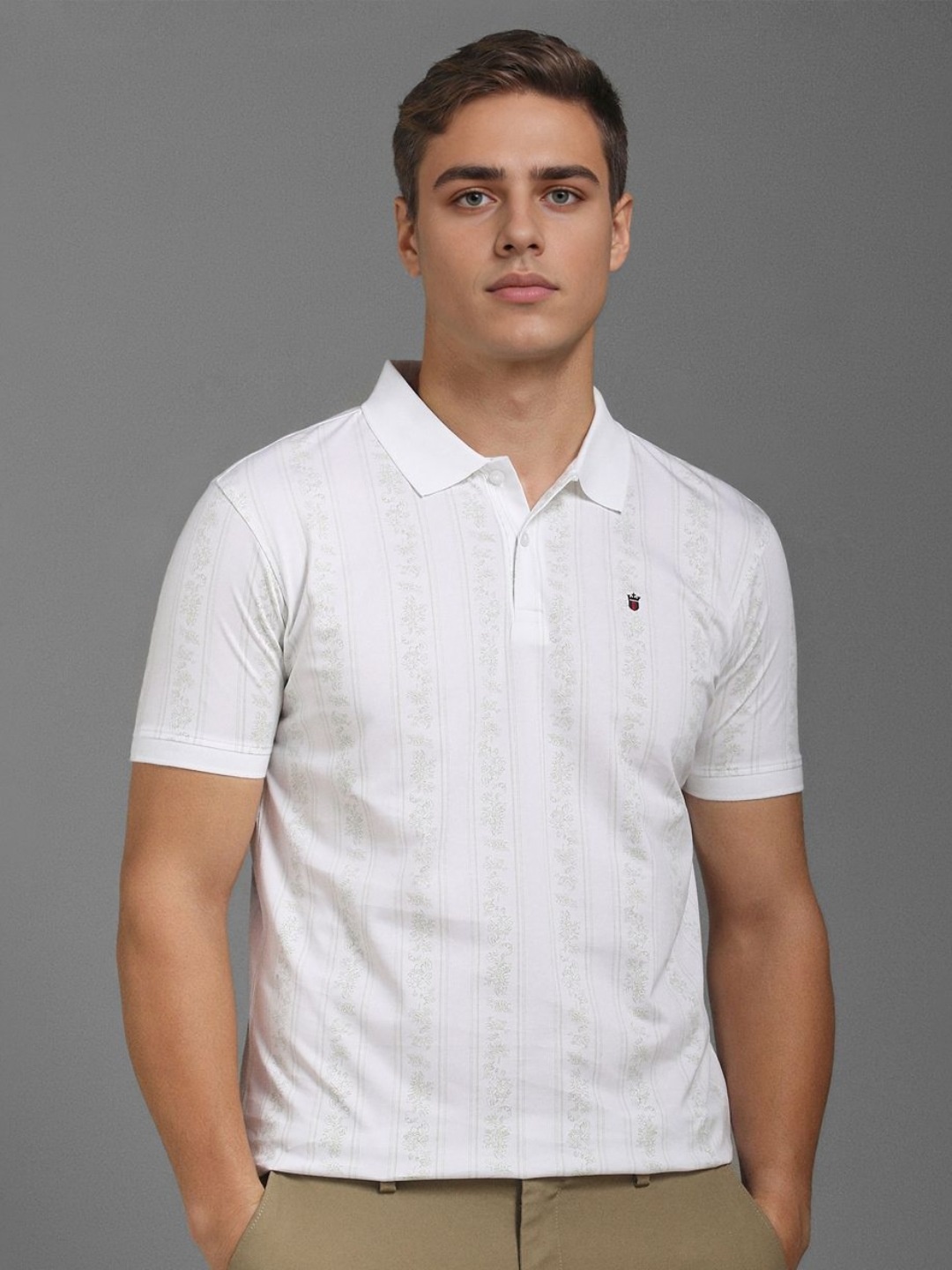 

Louis Philippe Sport Men Floral Printed Polo Collar Slim Fit Cotton T-shirt, White