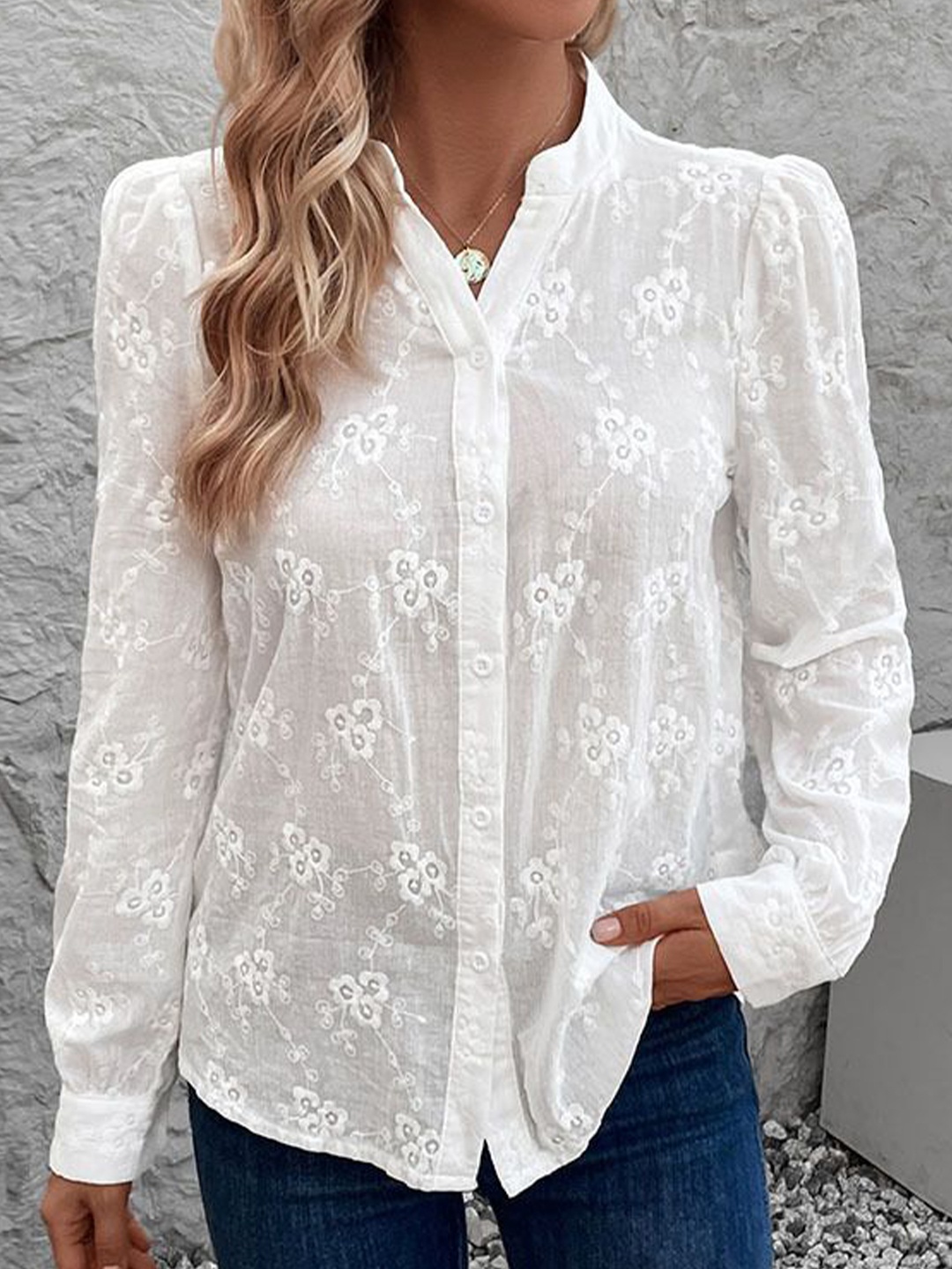 

StyleCast x Revolte Floral Embroidered Mandarin Collar Cuffed Sleeves Shirt Style Top, White