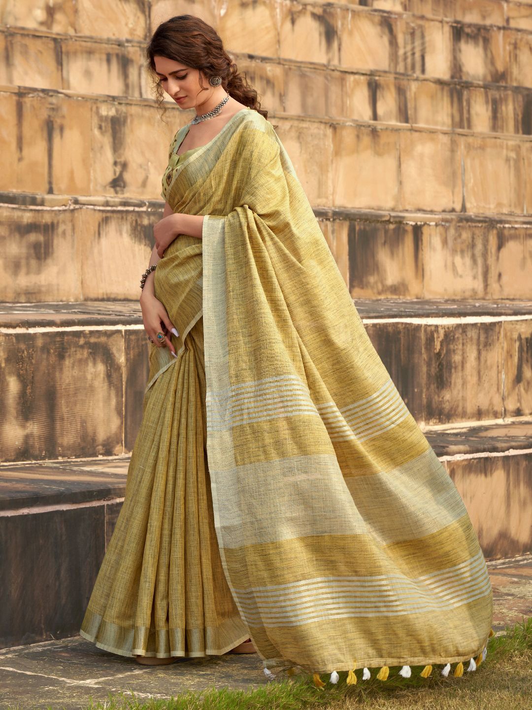 

Panzora Soft Khadi Saree With Unstitched Blouse Piece, Mustard