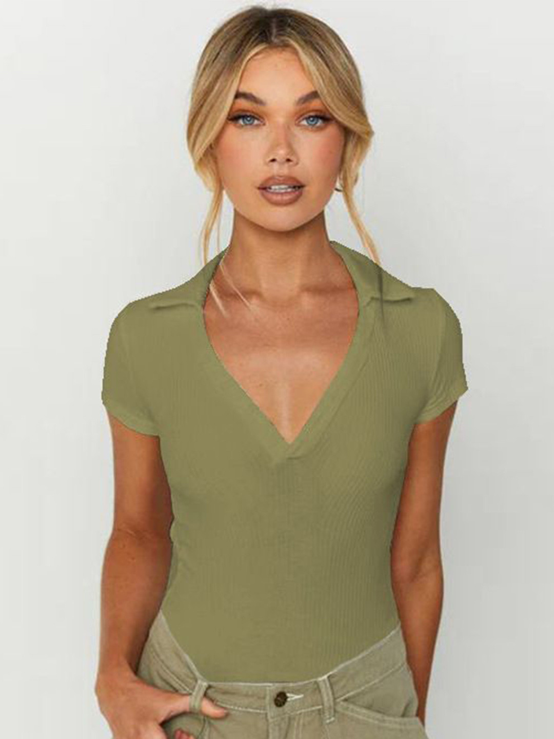

StyleCast x Revolte Ribbed Shirt Collar Fitted Crop Top, Green
