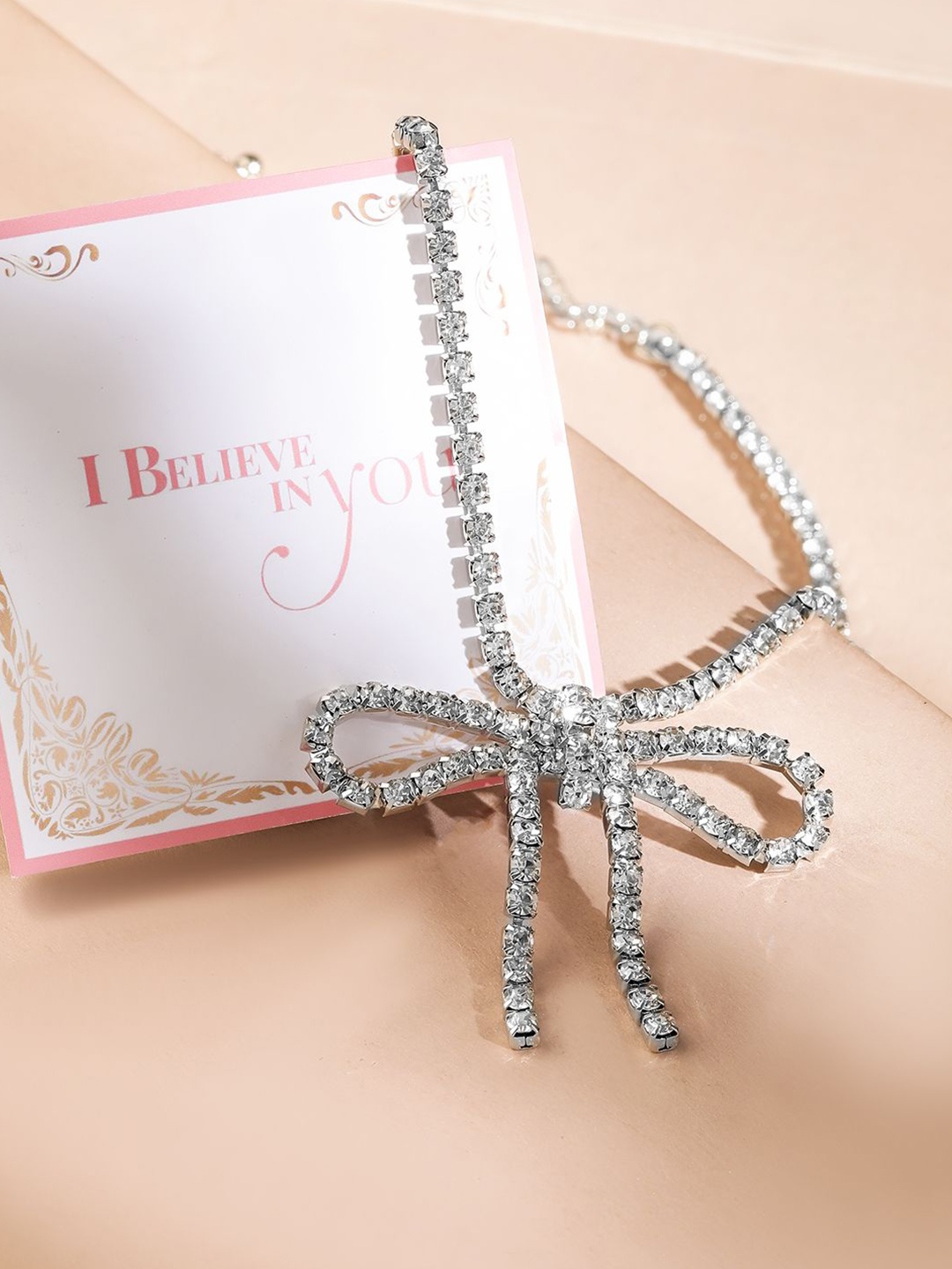 

Rubans Valentine's Rhodium Plated Cubic Zirconia Statement Glamorous Bow Necklace, Silver