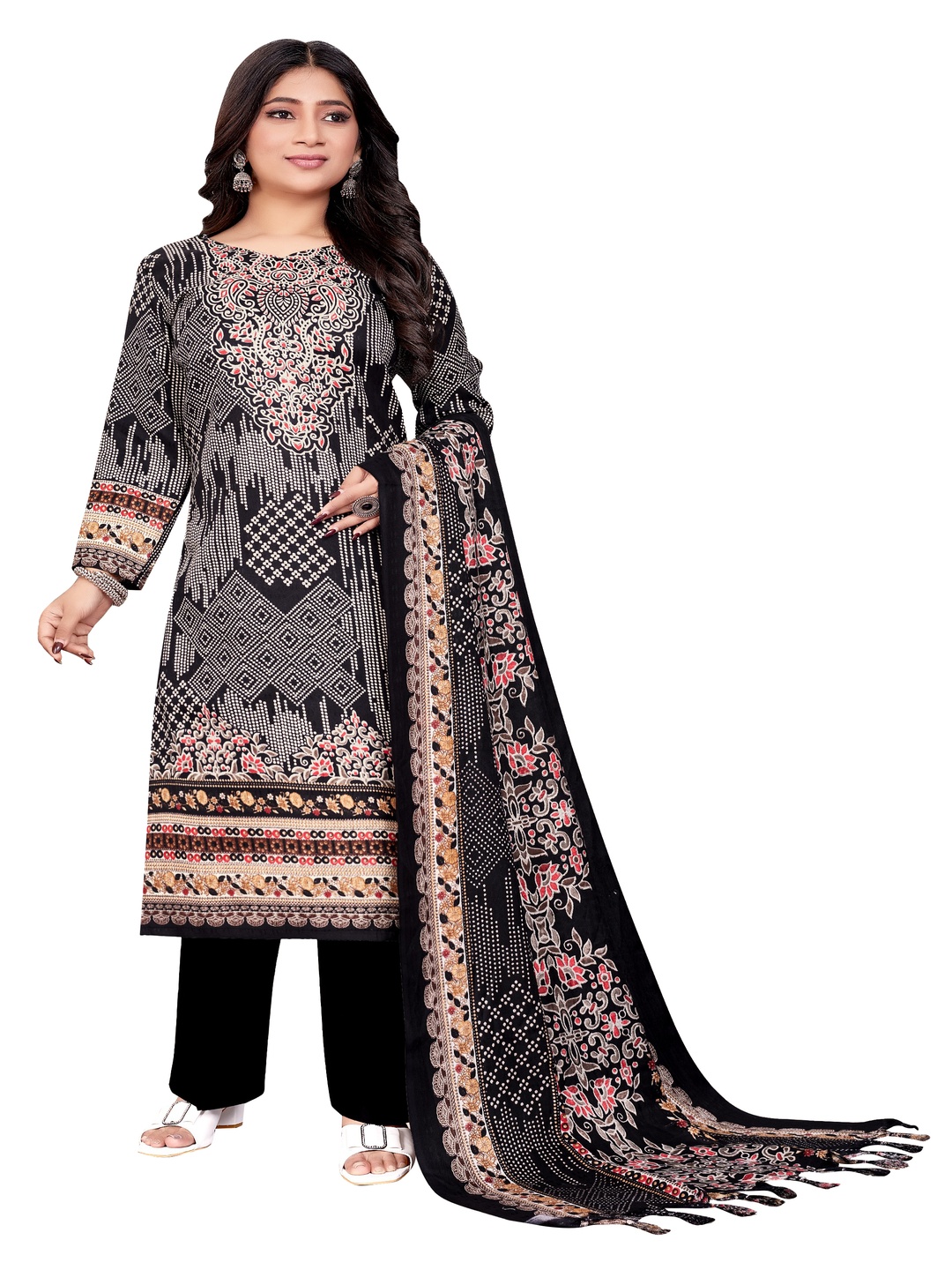 

DRAVINAM Trends Ethnic Motifs Printed Pashmina Unstitched Dress Material, Black