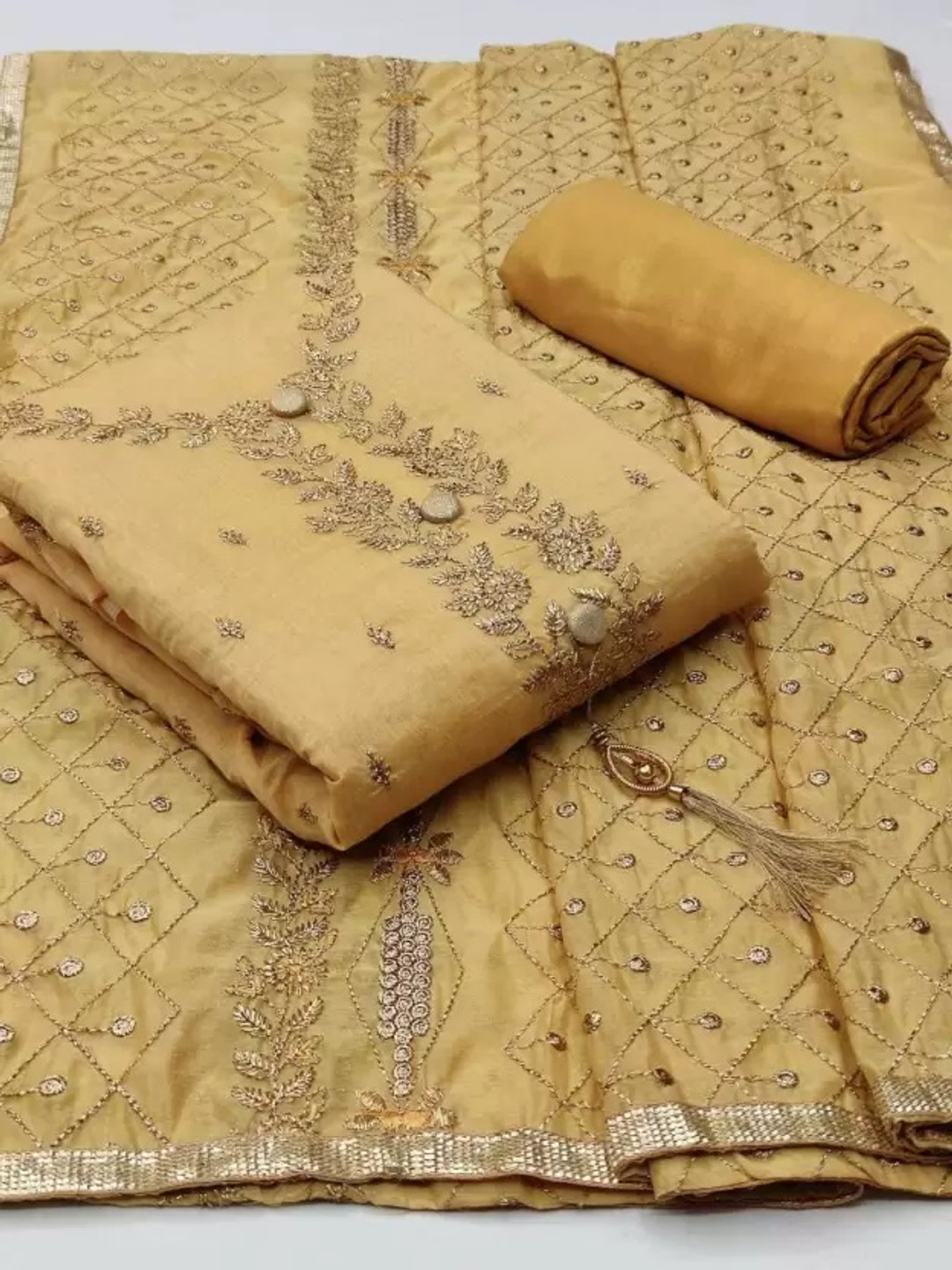 

SWARNGANGA TEX floral Embroidered Zari Unstitched Dress Material, Yellow