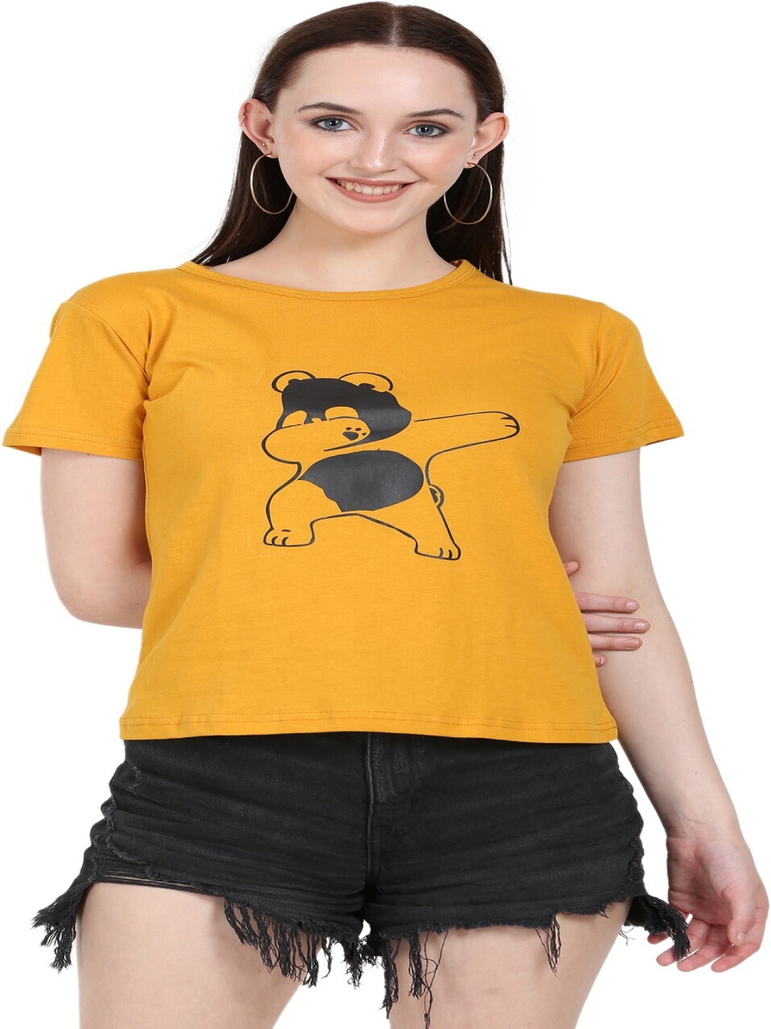 

DEEPMAYRA COLLECTION Women Graphic Printed Round Neck Cotton T-shirt, Mustard