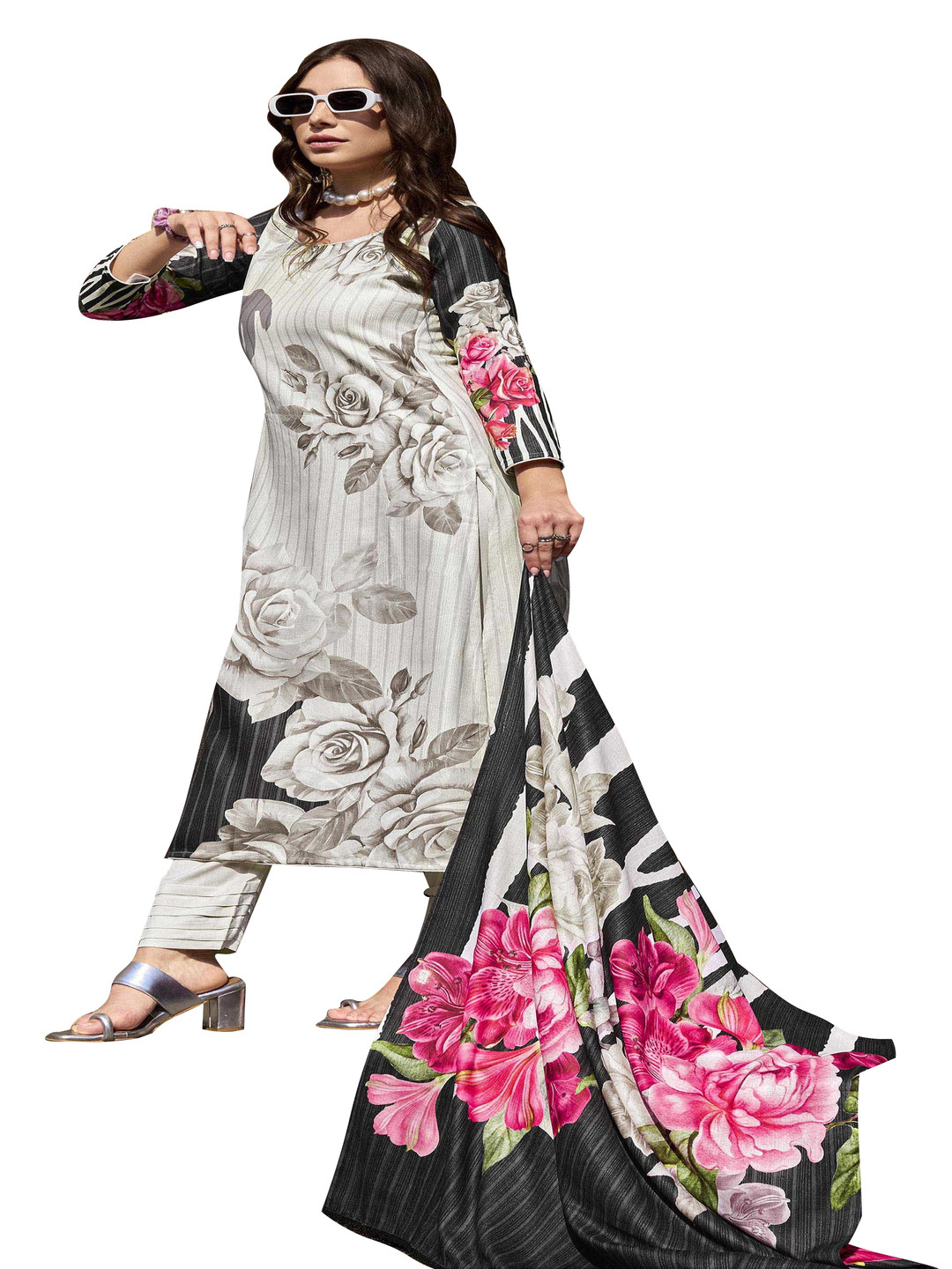 

DRAVINAM Trends Floral Printed Unstitched Dress Material, White