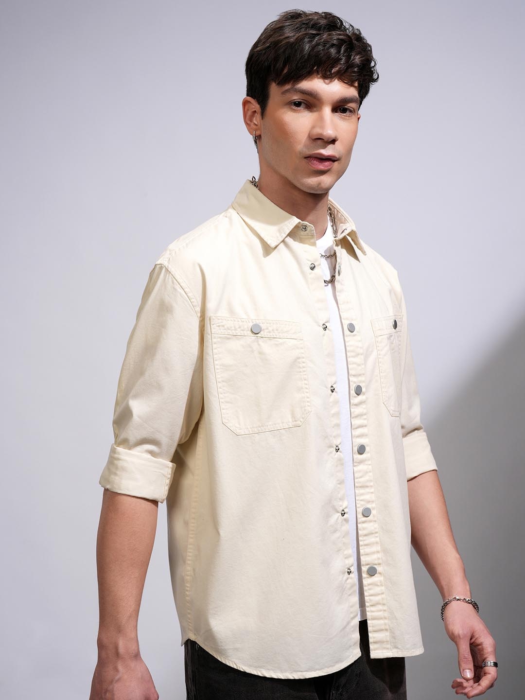 

HIGHLANDER Men Solid Utility Pocket Oversized Overshirt, Cream