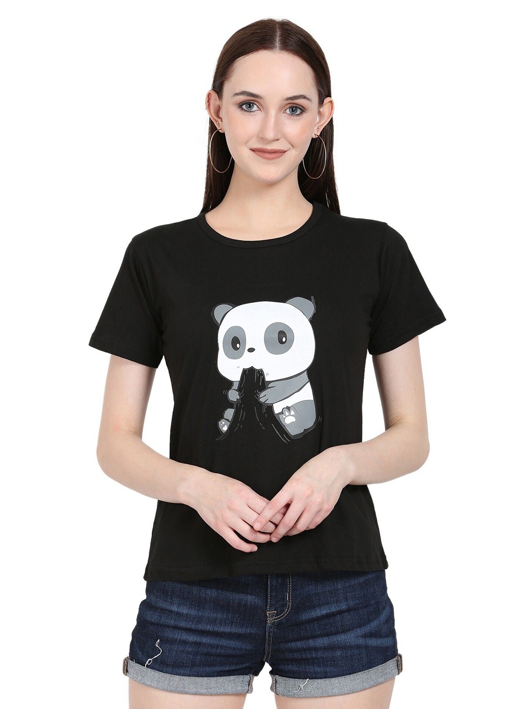 

DEEPMAYRA COLLECTION Women Graphic Printed Round Neck Cotton T-shirt, Black
