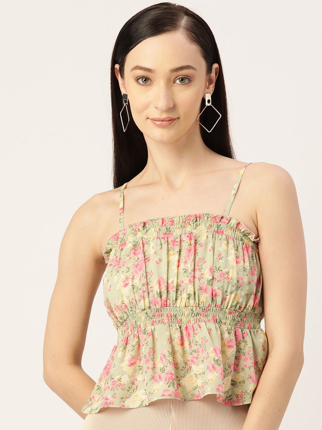 

Moda Rapido Floral Printed Georgette Peplum Top, Green