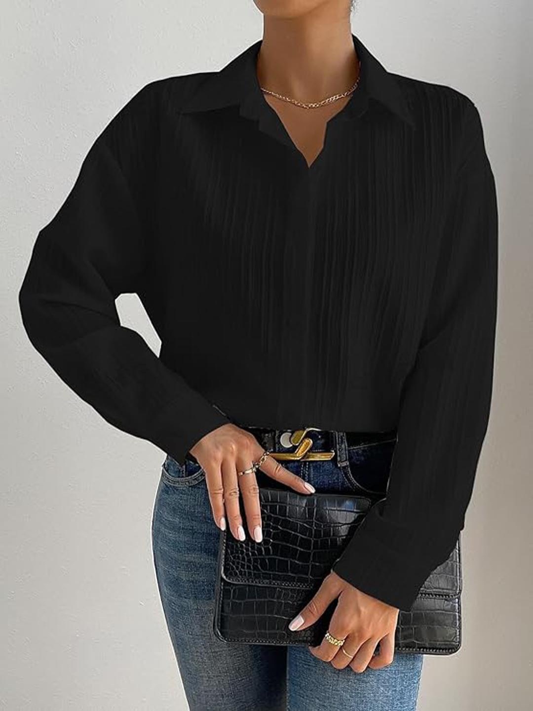

KASHIAN Women Standard Fit Spread Collar Textured Casual Shirt, Black