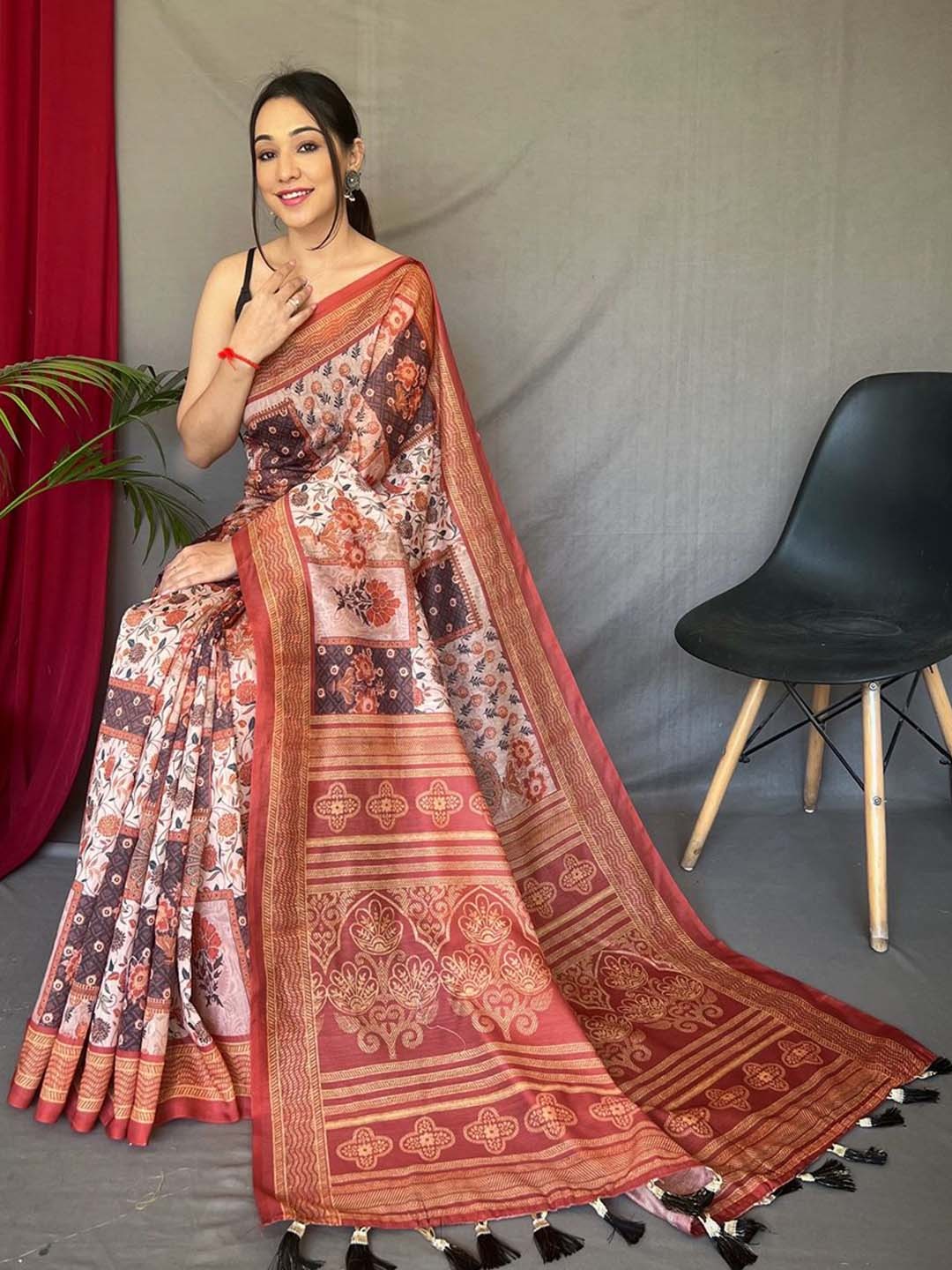 

TORONFRAS Women Ethnic Motifs Printed Chanderi Saree, Rust