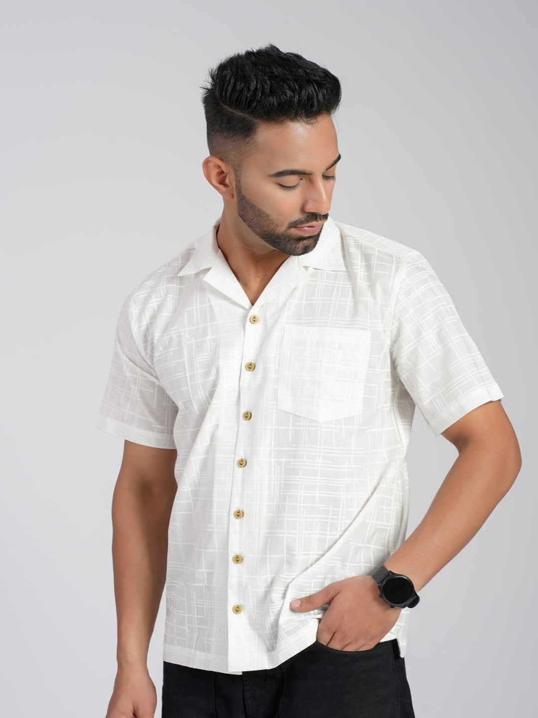 

Cotton Curio Men Comfort Fit Cuban Collar Checked Cotton Casual Shirt, White