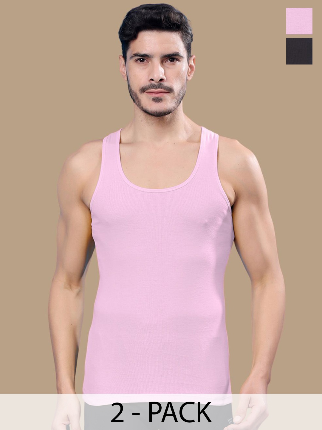 

Friskers Men Pack Of 2 Ribbed Cotton Gym Vests, Pink