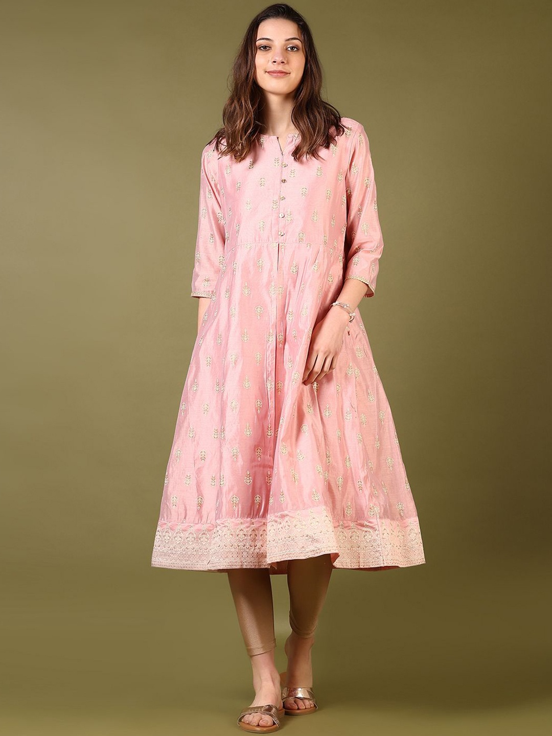 

V-Mart Floral Printed Notch Neck Chanderi Cotton Anarkali Kurta, Pink