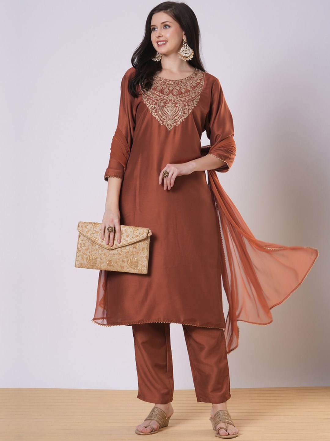 

GoSriKi Floral Embroidered Zari Work Straight Kurta With Trousers And Dupatta, Rust