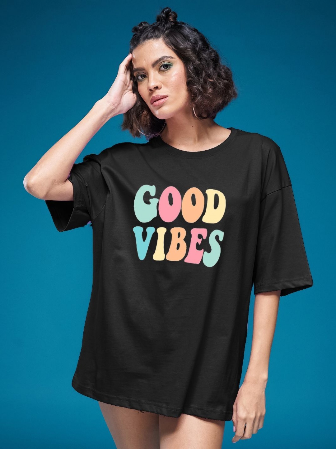 

SMARTEES Women Typography Printed Round Neck Cotton Oversized T-shirt, Black