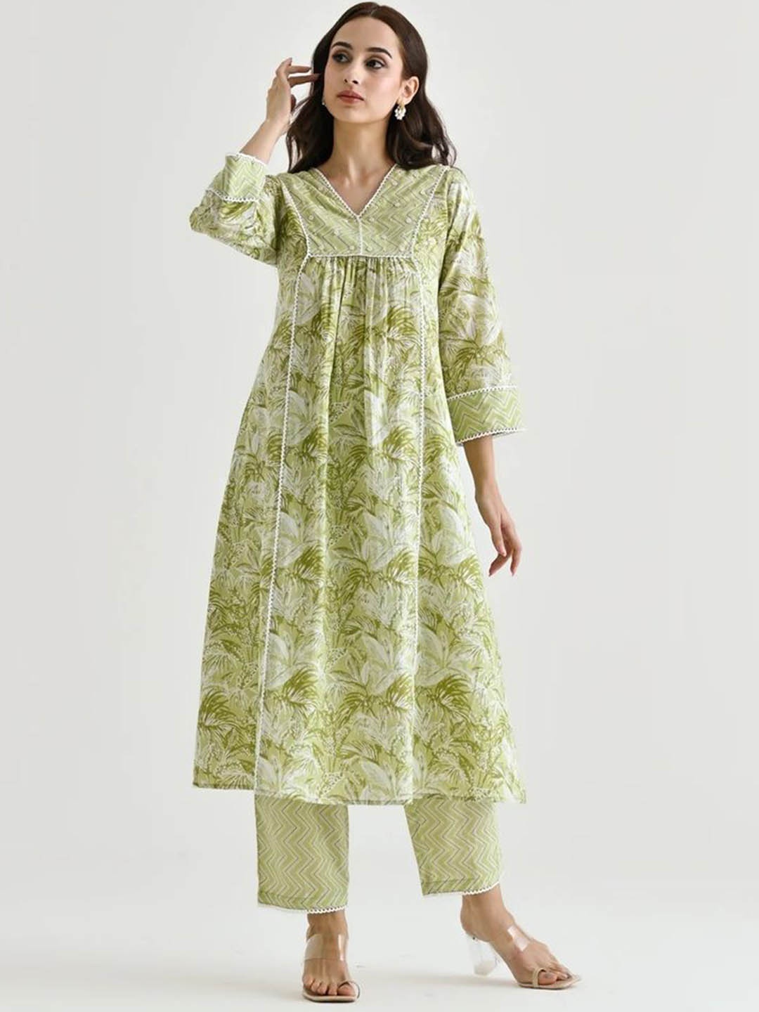 

KALINI Floral Printed V-Neck Pleated A-Line Kurta With Trouser, Green