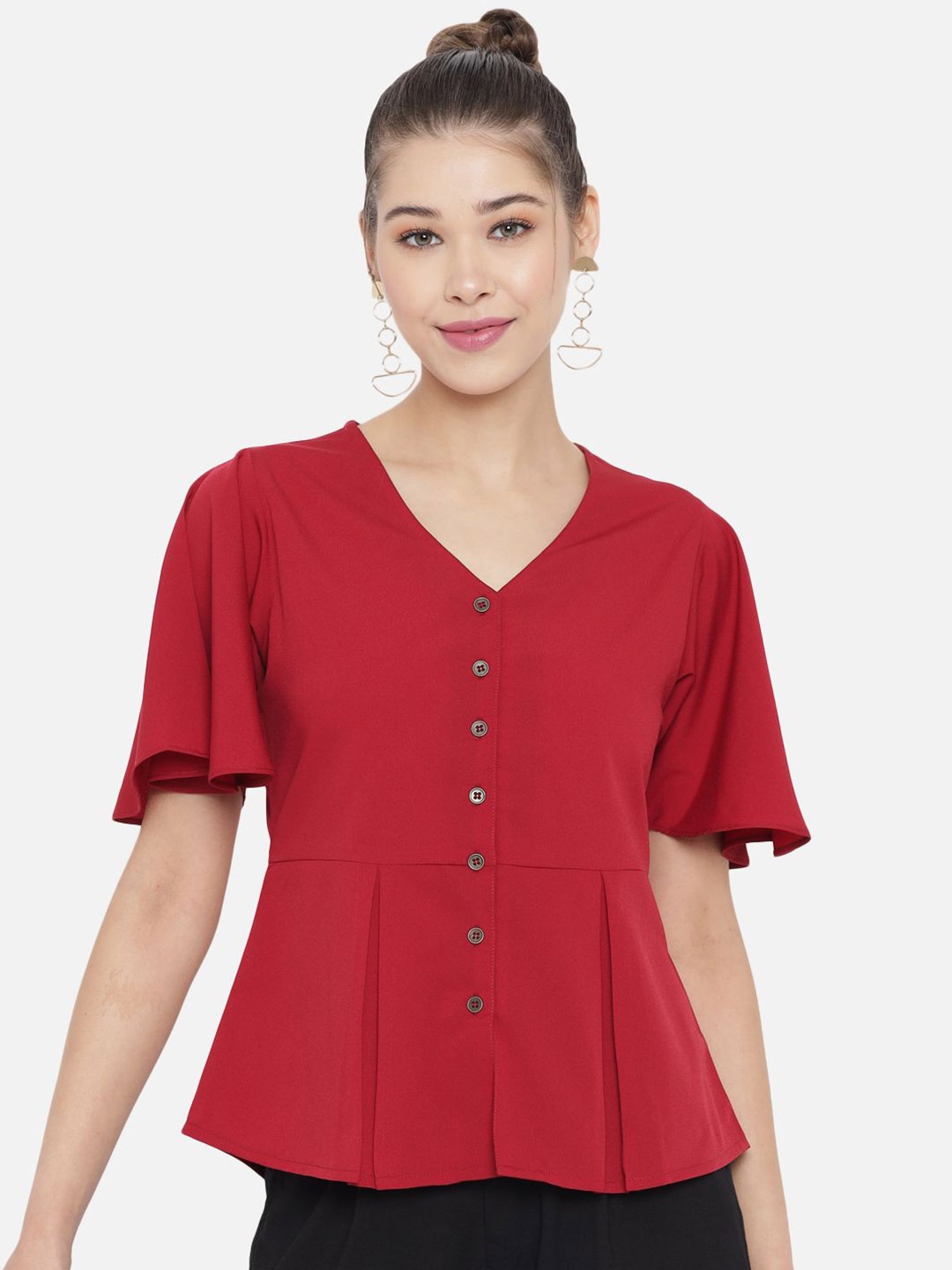 

Moda Rapido Flared Sleeve Crepe Peplum Top, Maroon