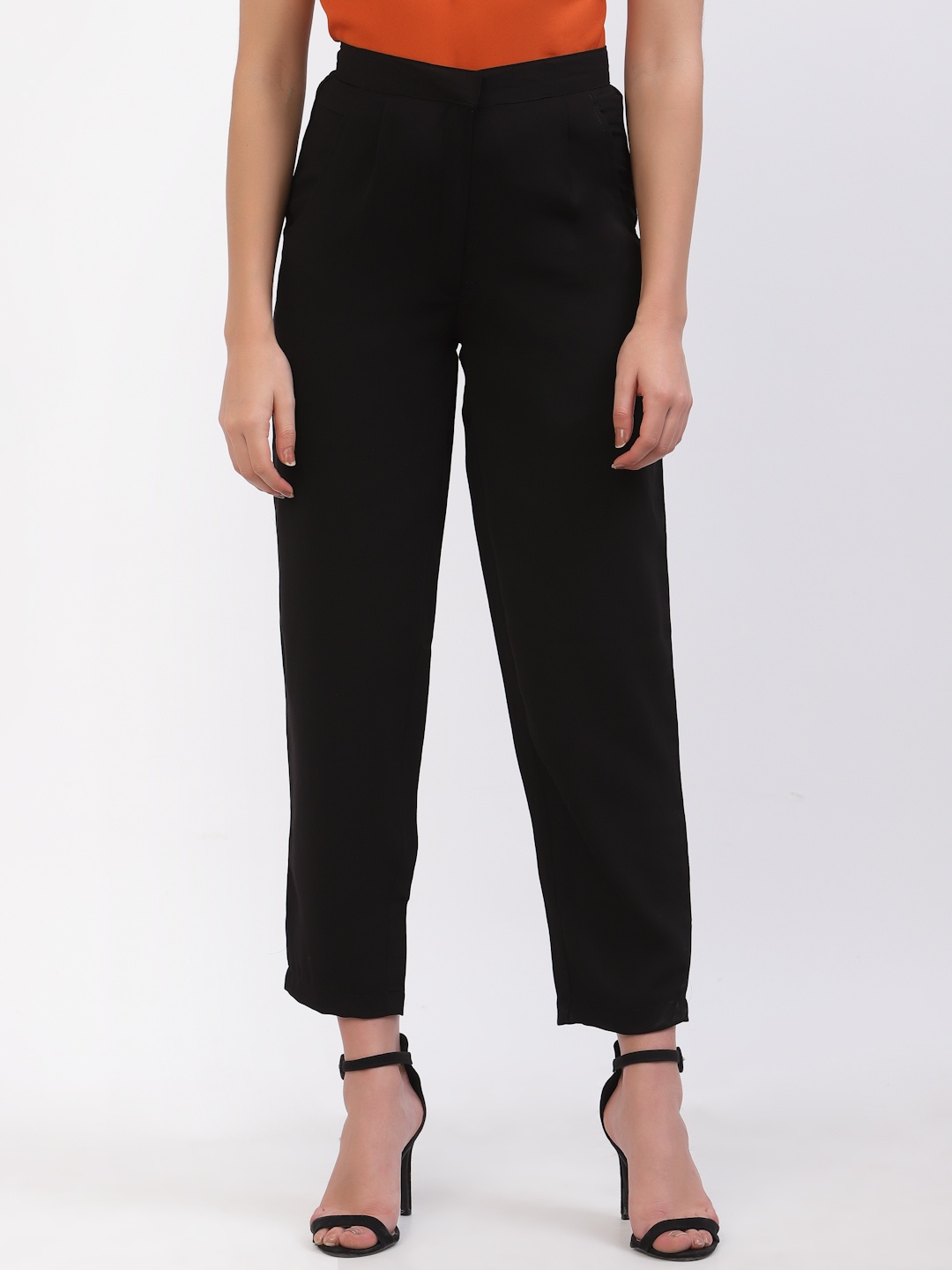 

DELIS Women Slim Fit Mid-Rise Easy Wash Trousers, Black