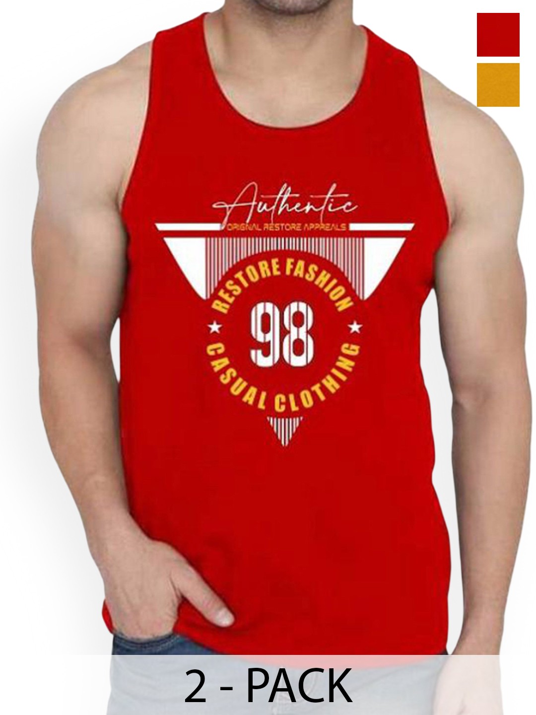 

Woostro Men Pack Of 2 Printed Pure Combed Cotton Gym Vests, Mustard