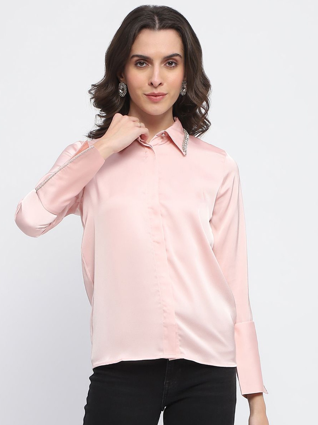 

Madame Women Spread Collar Solid Casual Shirt, Pink