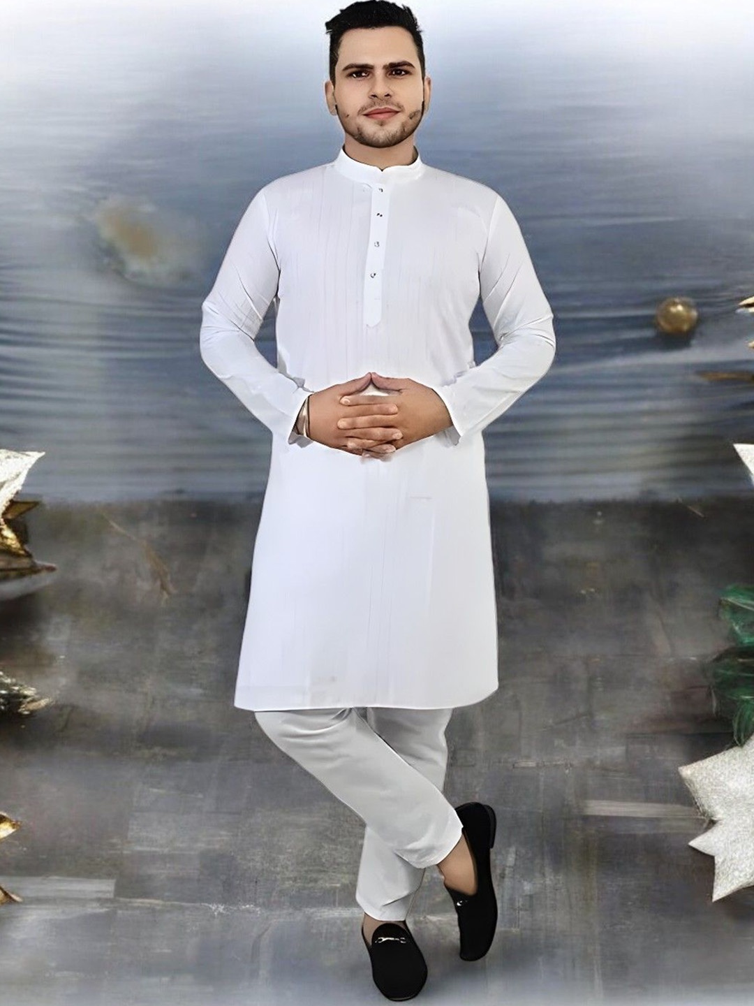 

Atly Men Striped Regular Sequinned Pure Cotton Kurta with Pyjamas, White