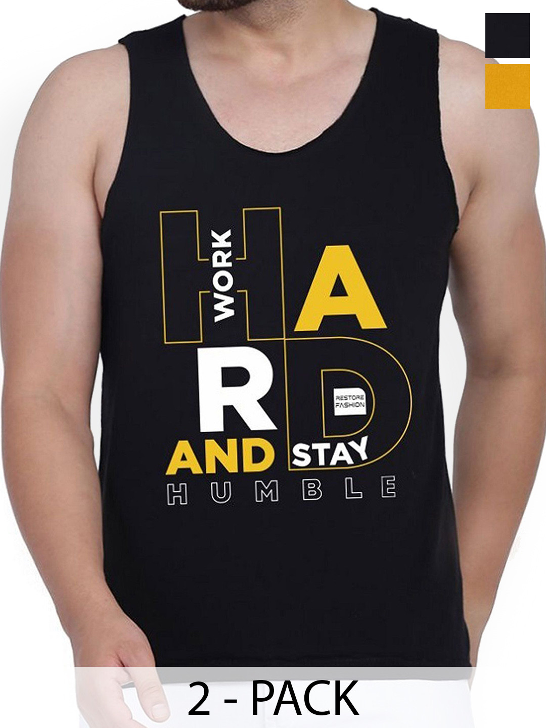 

Woostro Pack Of 2 Printed Cotton Gym Vests RS26 CMB (MORE MUSTARD) (HARD BLACK)