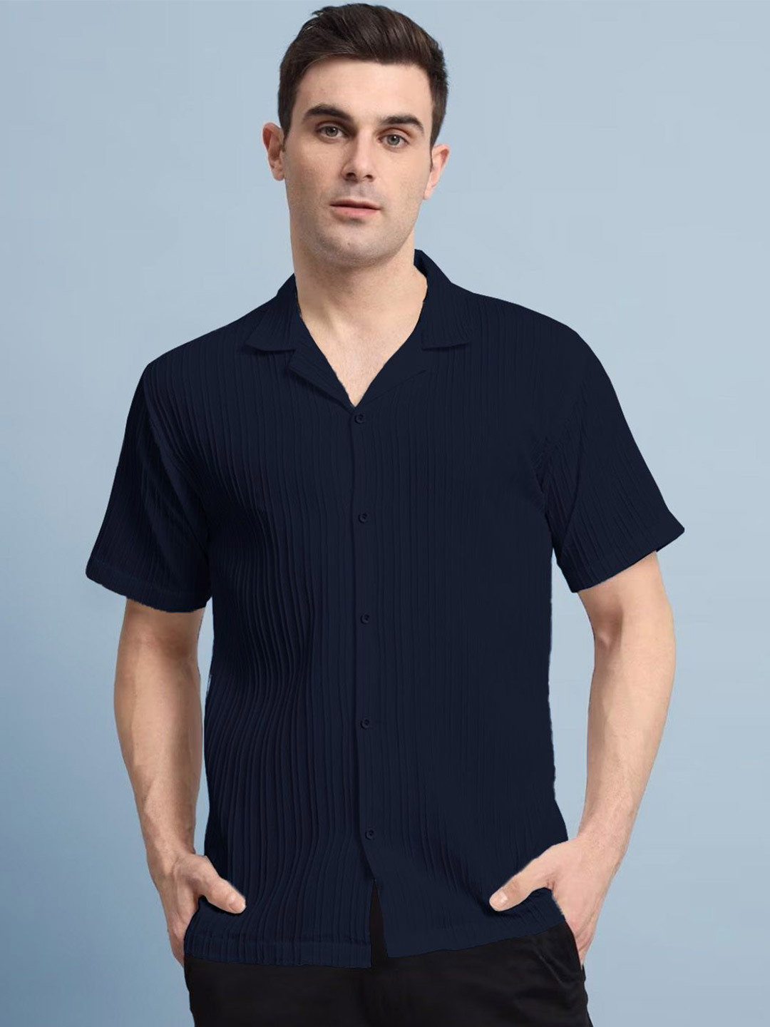 

Eyebogler Men Relaxed Fit Cuban Collar Textured Casual Shirt, Navy blue