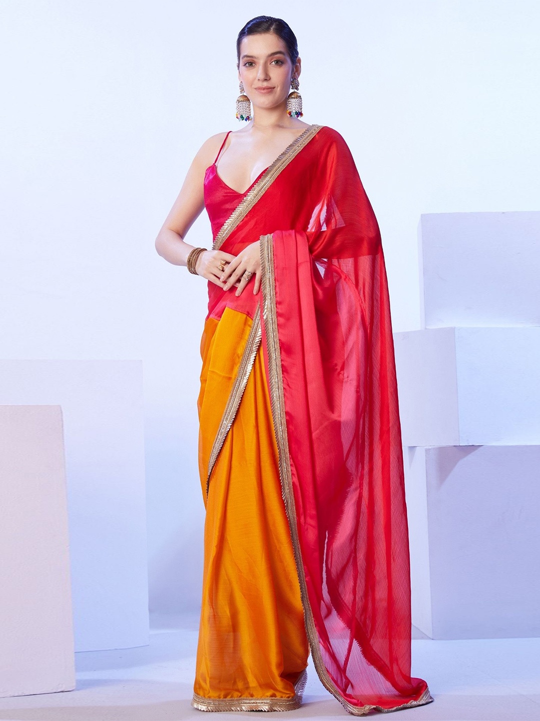 

MySilkLove Colourblocked Embroidered Silk Blend Saree, Red