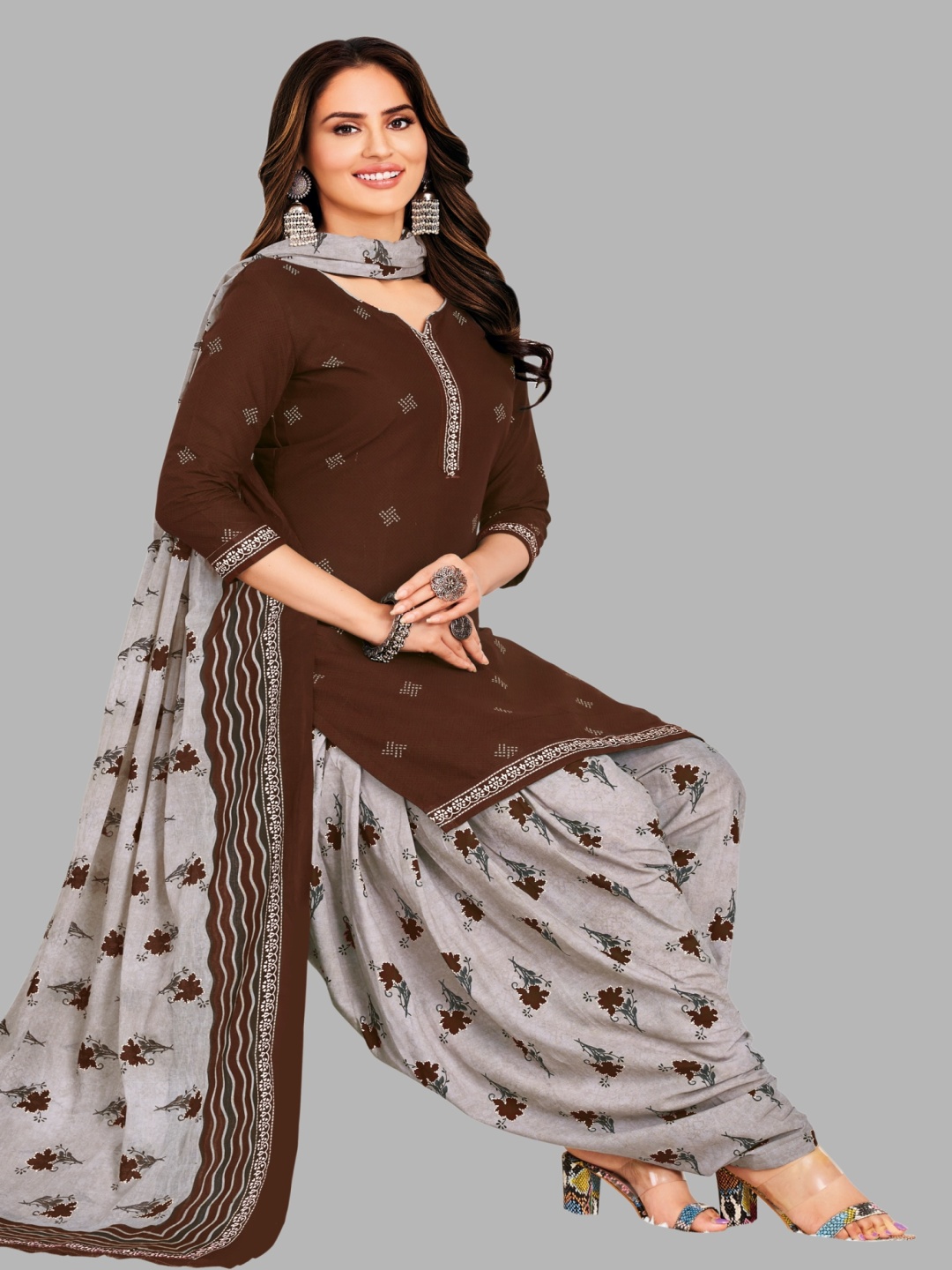 

Simmu Ethnic Motifs Printed Pure Cotton Unstitched Dress Material, Grey