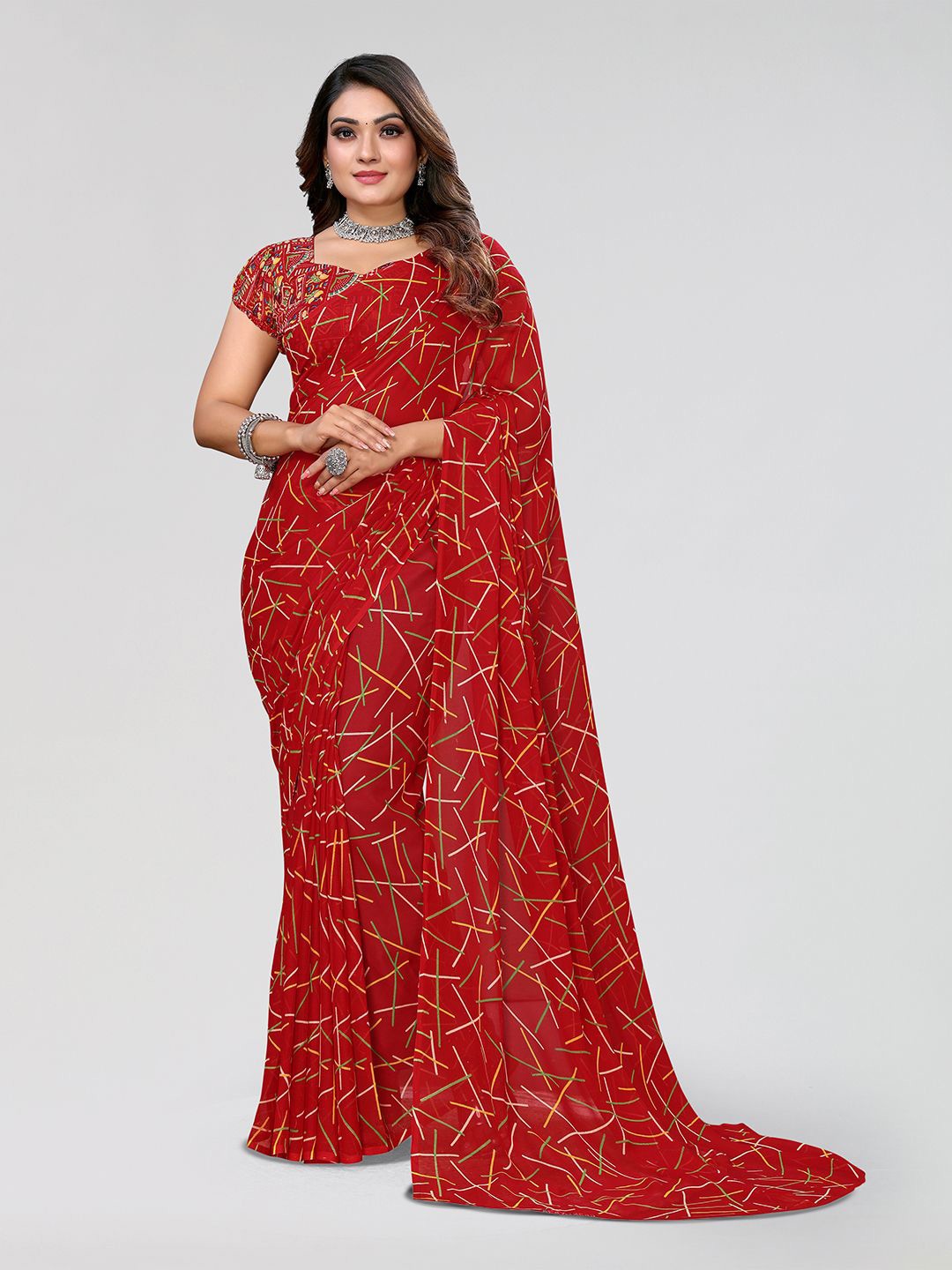

Moda Rapido Abstract Printed Saree, Red