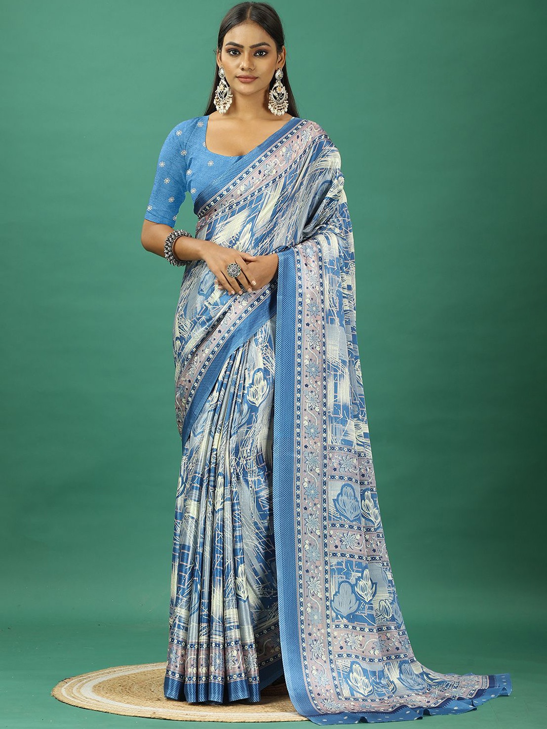 

A.V.M. SILK MILLS Ethnic Motifs Printed Pure Crepe Saree, Blue