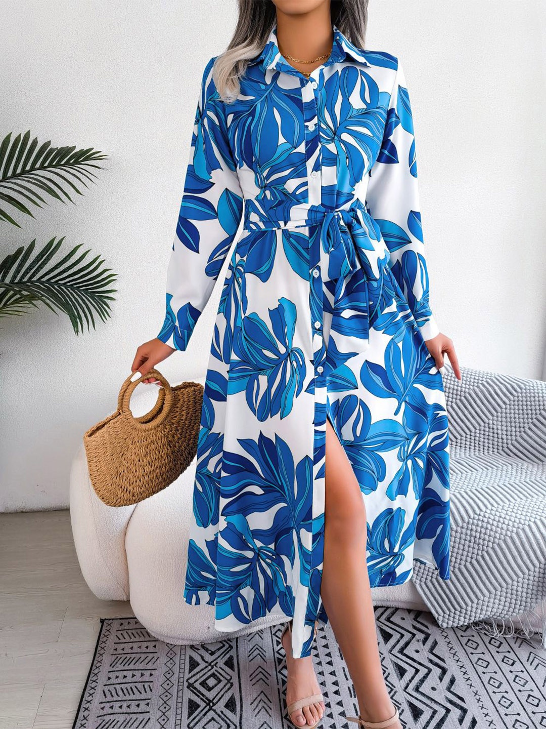 

StyleCast x Revolte Women Tropical Printed Shirt Midi Dress, Blue
