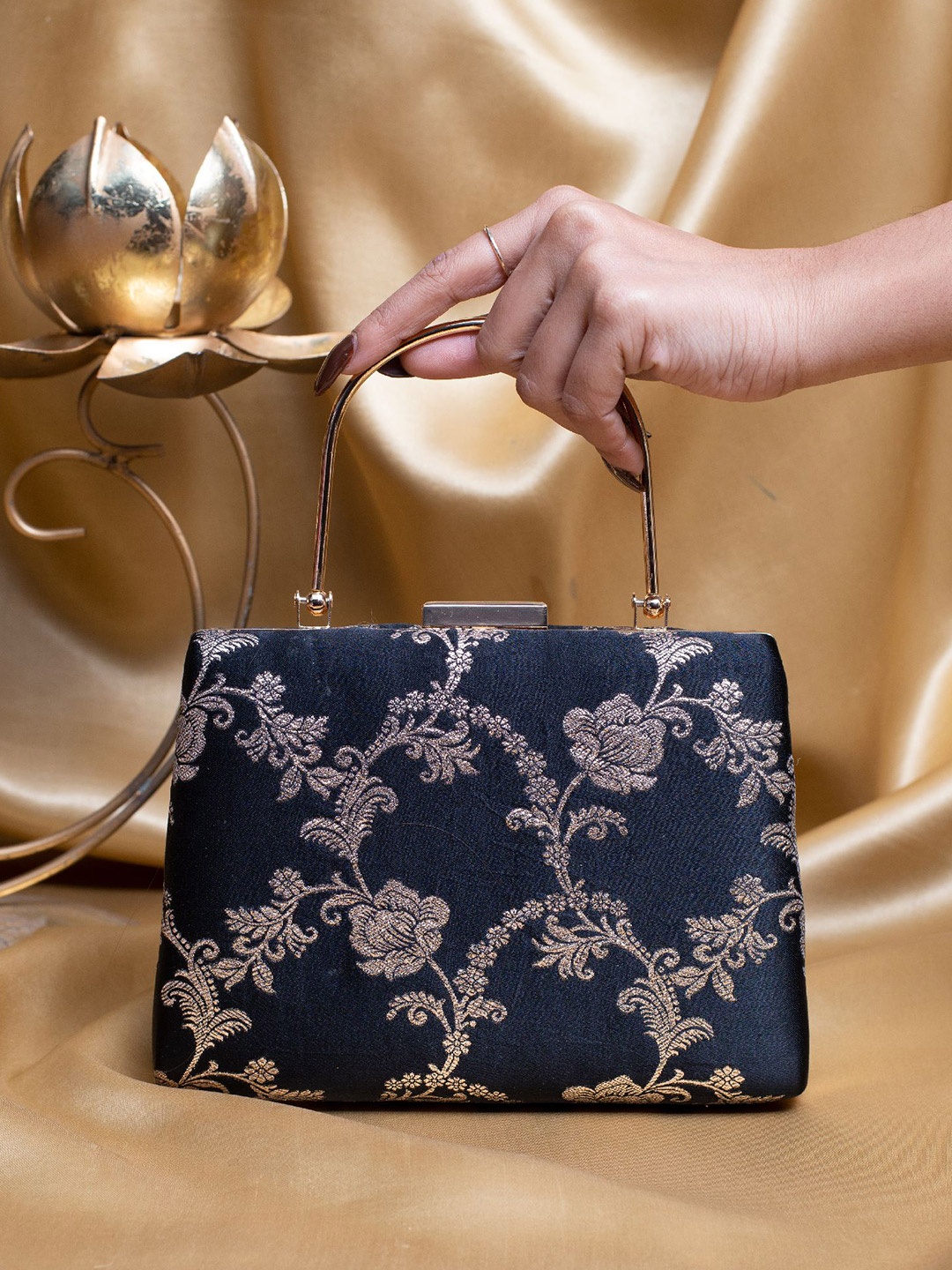 

ARTKLIM Floral Embroidered Brocade Box Clutch, Blue