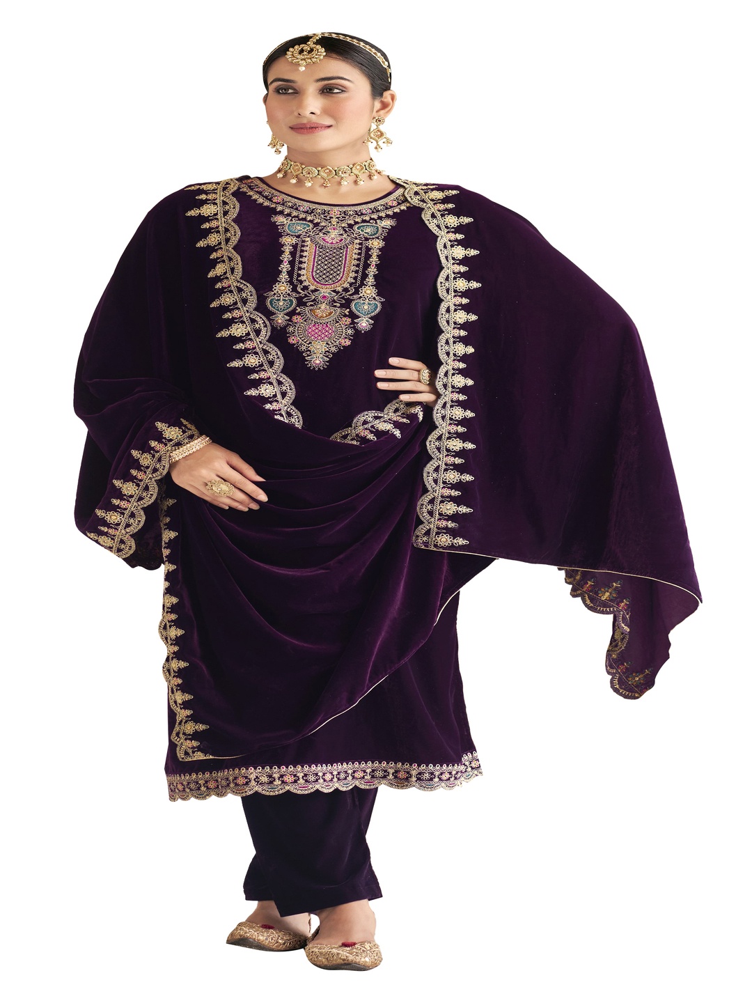 

DRAVINAM Trends Floral Embroidered Zari Velvet Unstitched Dress Material, Purple
