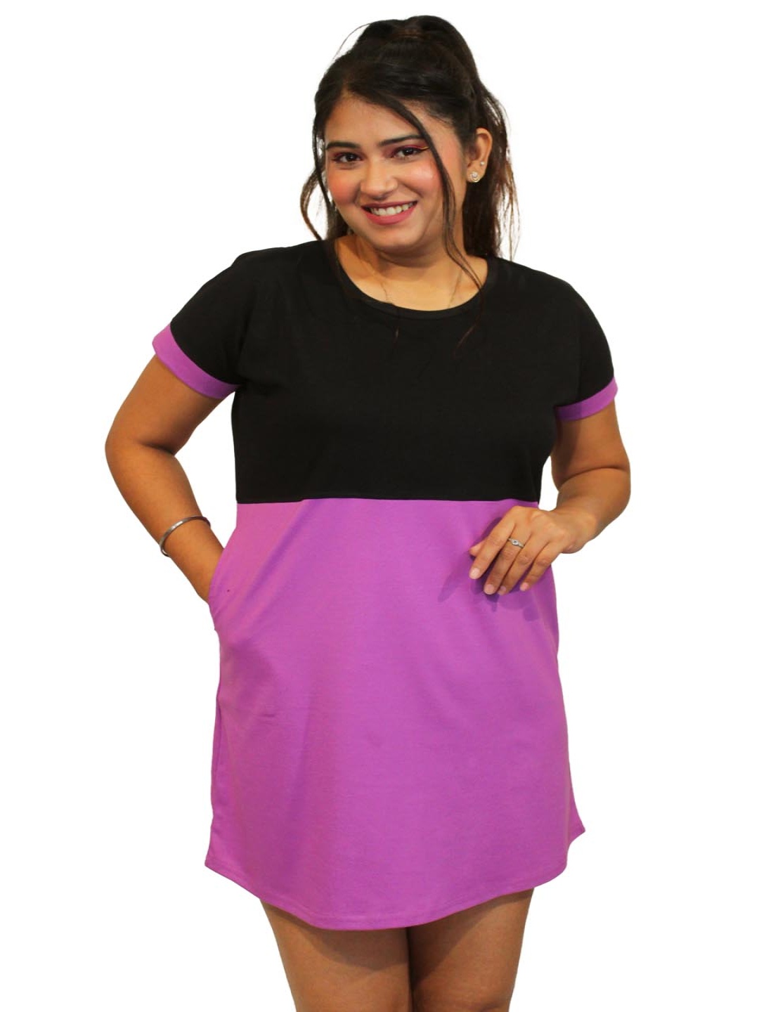 

PINK SHELL Women Colourblocked Pockets T-shirt, Lavender