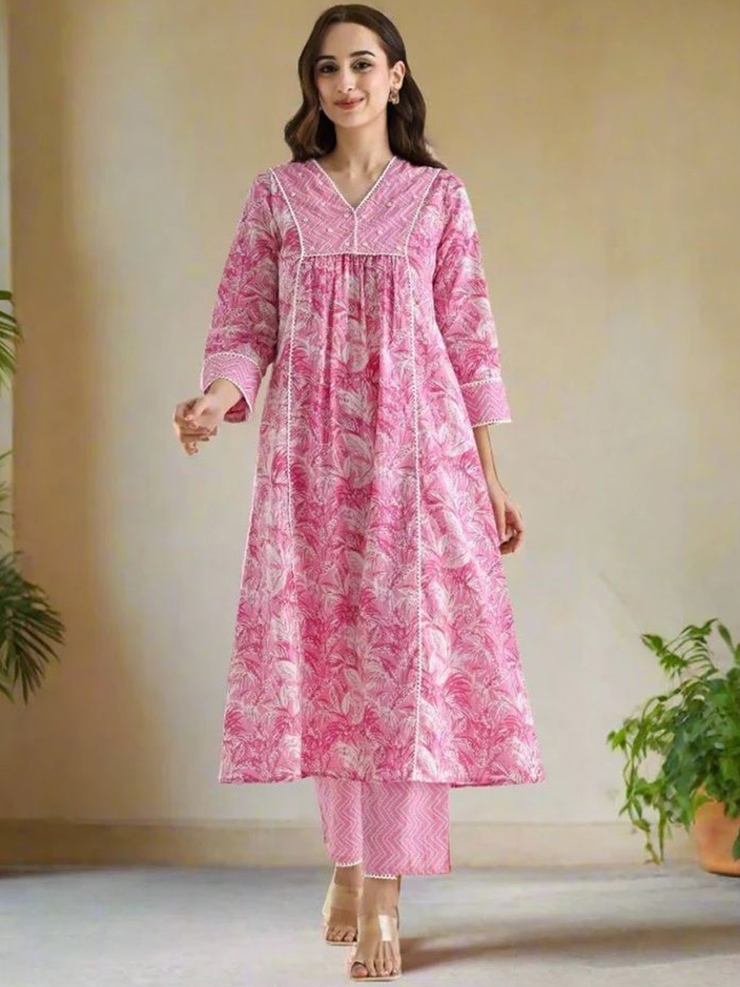 

KALINI Floral Printed Beads And Stones A-Line Kurta With Pyjamas, Pink