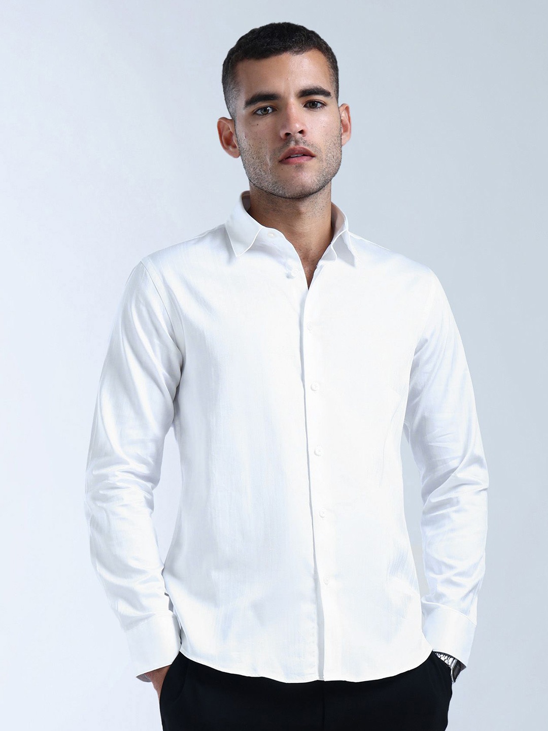 

Flying Machine Men Slim Fit Spread Collar Solid Cotton Casual Shirt, White