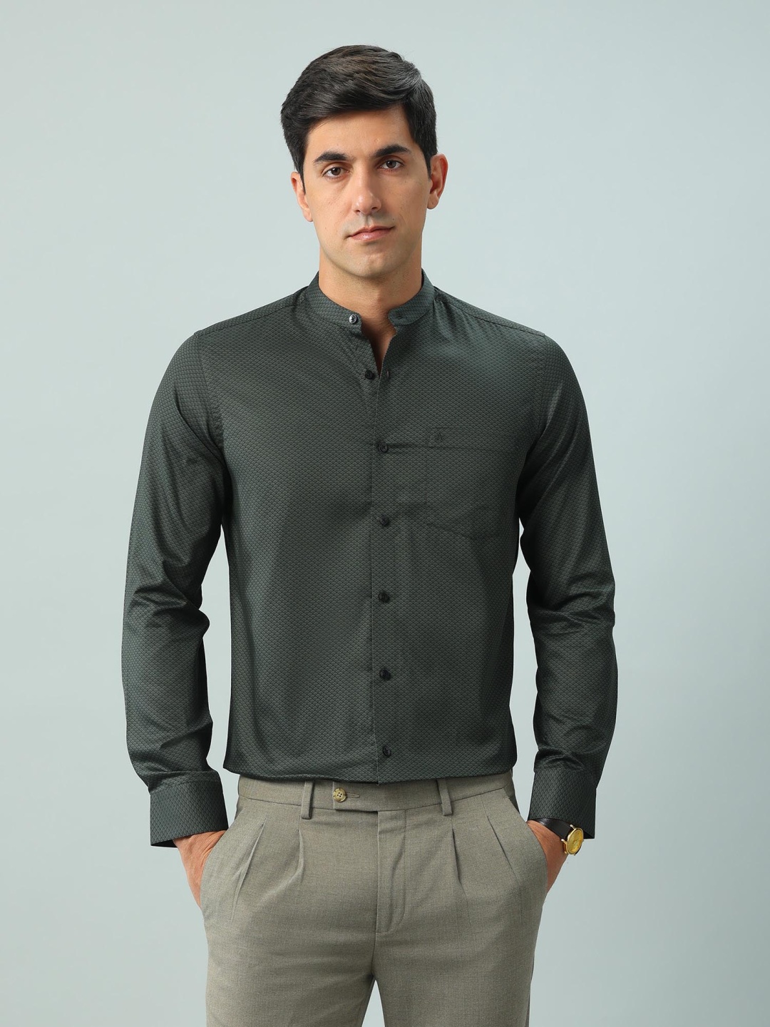 

Arrow Men Slim Fit Band Collar Floral Printed Cotton Formal Shirt, Olive