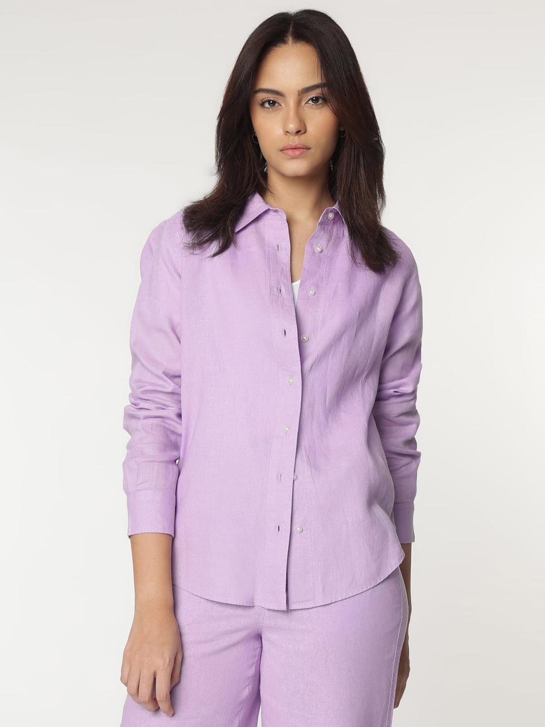 

Marks & Spencer Women Spread Collar Vertical Striped Linen Casual Shirt, Purple