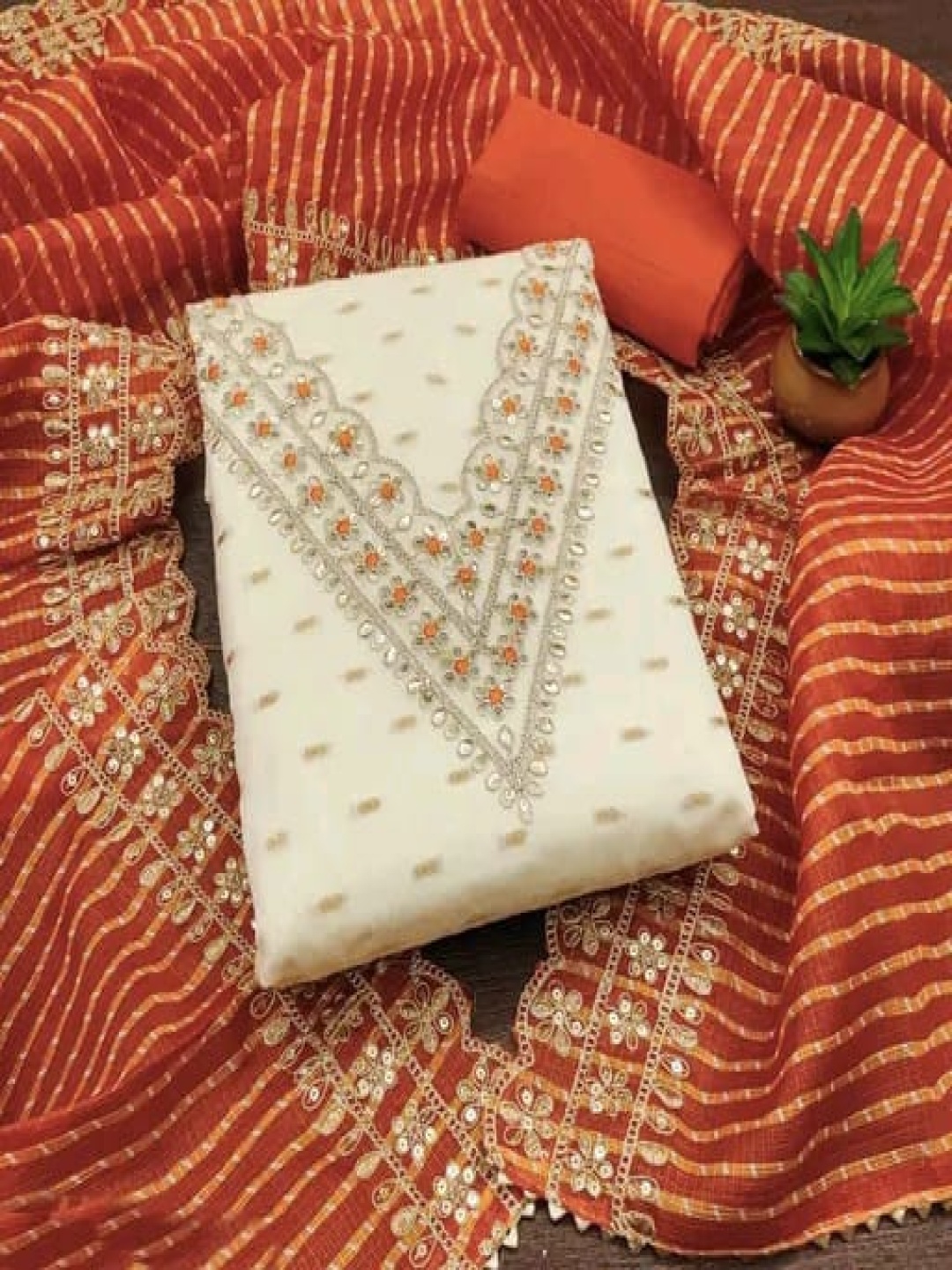 

SWARNGANGA TEX Floral Embroidered Sequinned Unstitched Dress Material, White