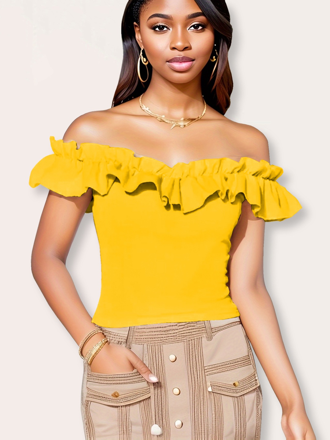 

StyleCast x Revolte Solid Off Shoulder Ruffles Fitted Top, Yellow