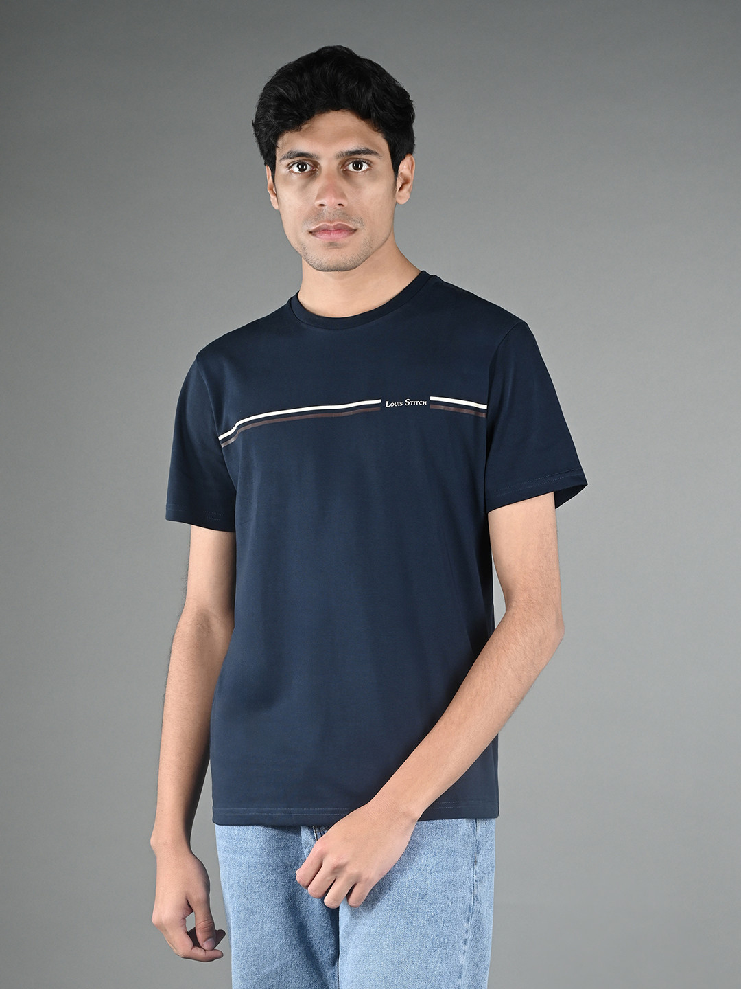 

LOUIS STITCH Men Striped Round Neck Cotton T-shirt, Navy blue