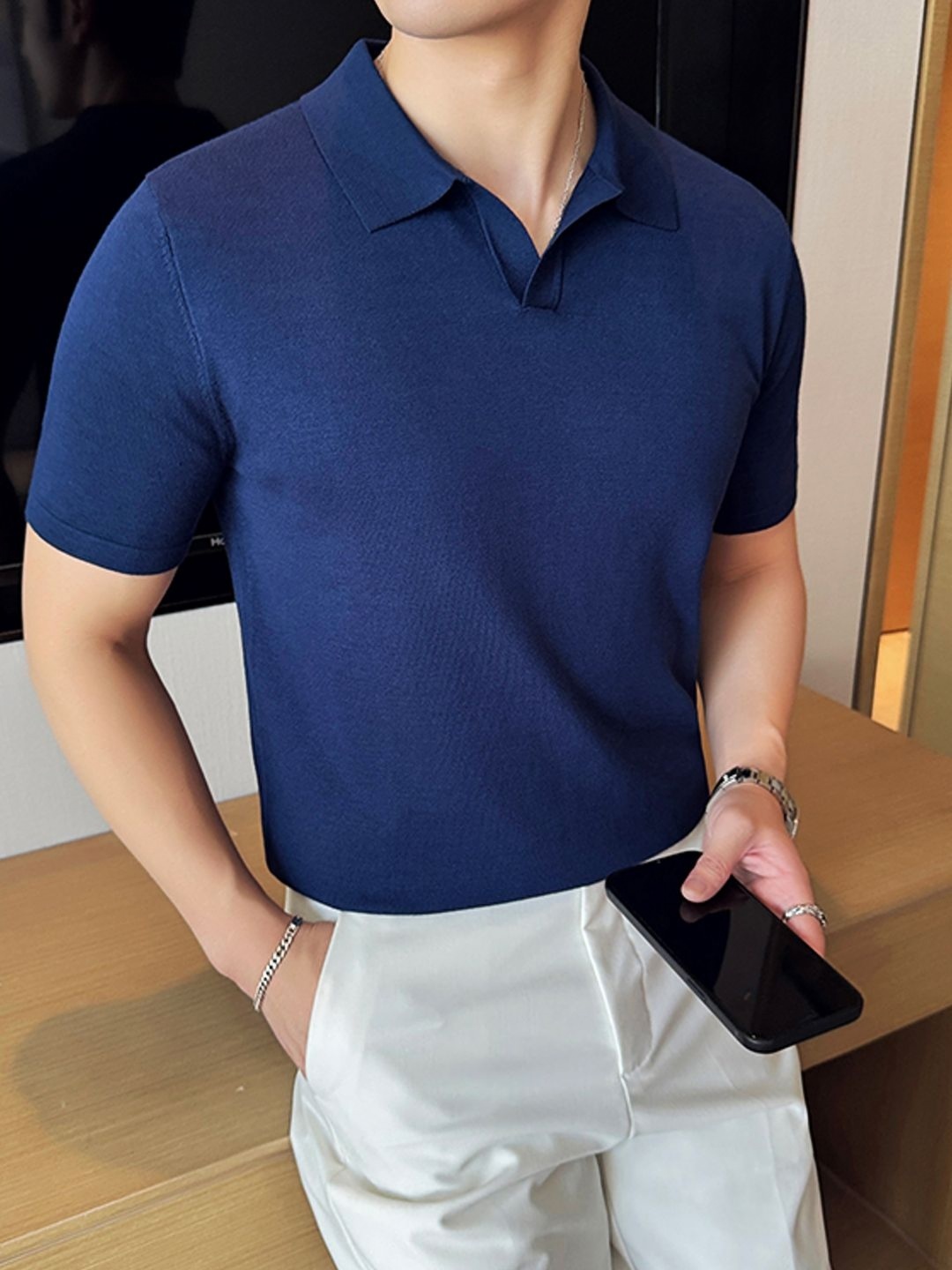 

madfrog Men Solid Polo Collar Cotton T-shirt, Blue