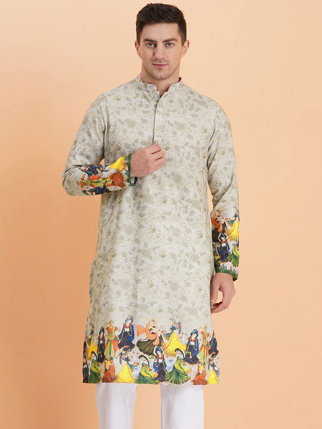 

SG LEMAN Men Ethnic Motifs Printed Mandarin Collar Kurta, Green