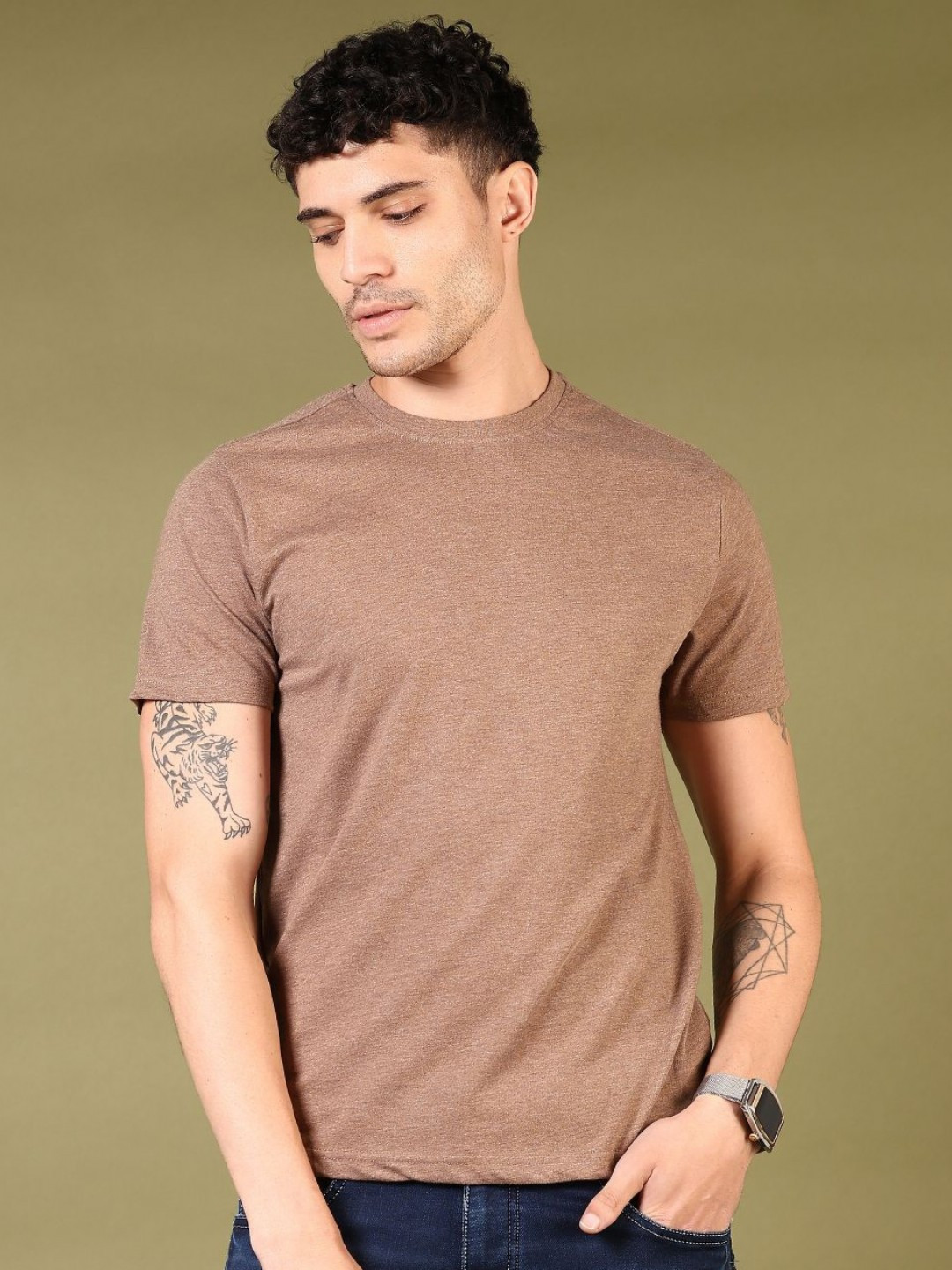 

V-Mart Men Solid Round Neck Cotton T-shirt, Brown