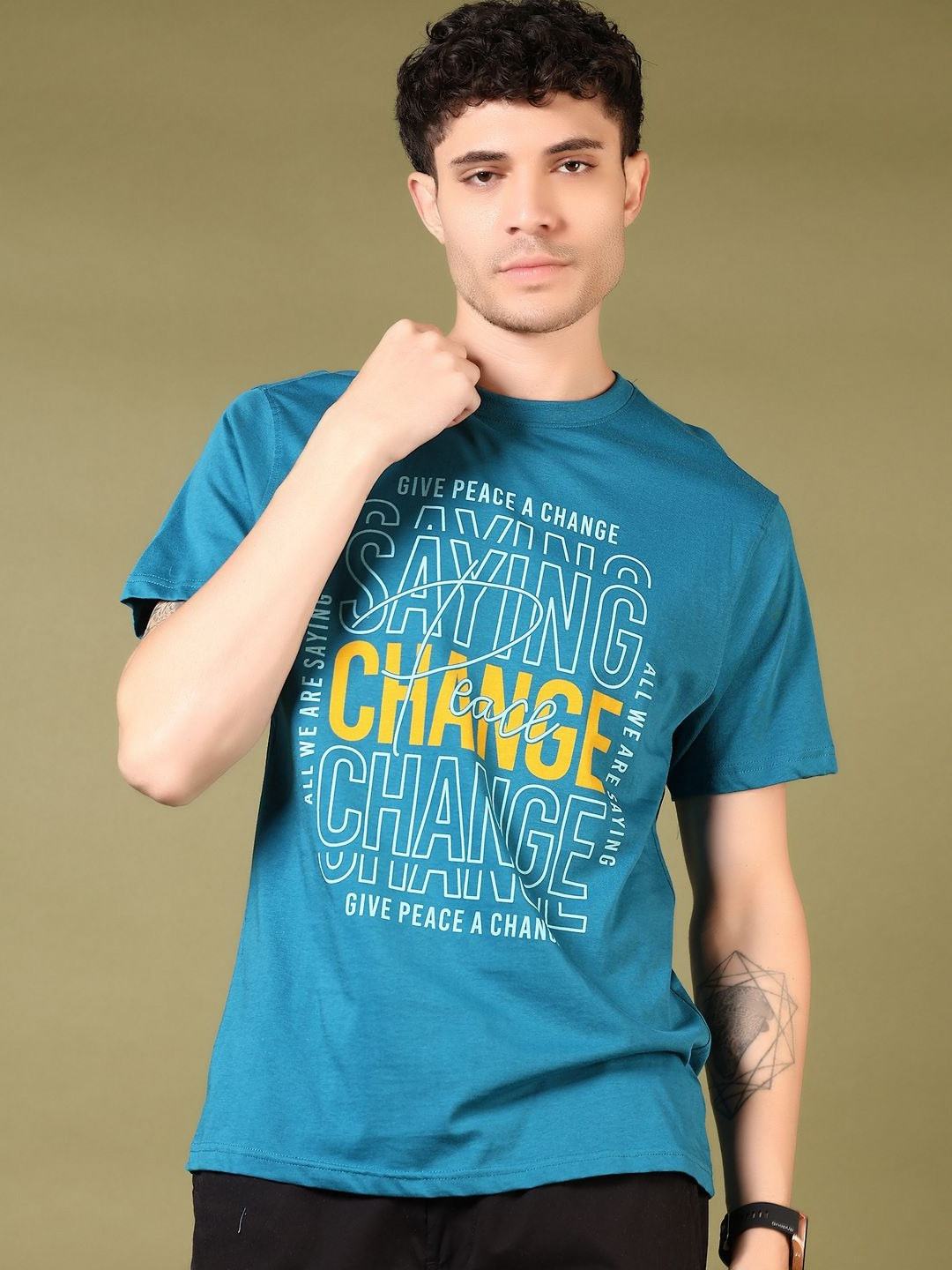 

V-Mart Men Typography Printed Round Neck Cotton T-shirt, Blue