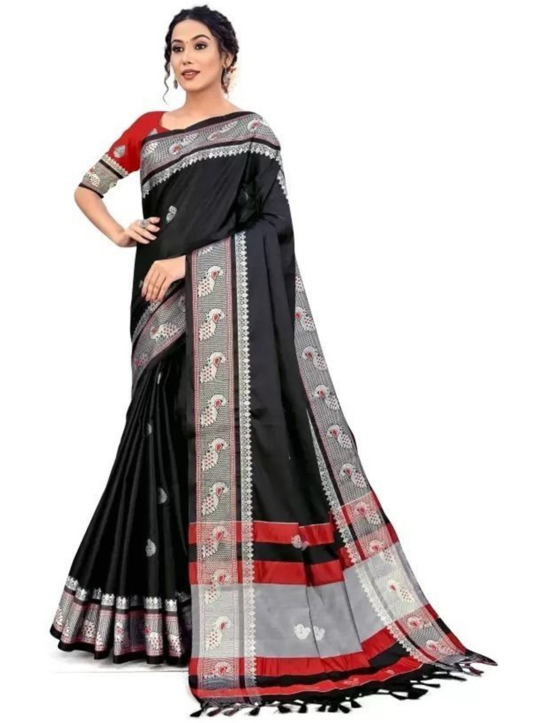 

bansari textiles Woven Design Maheshwari Saree, Black