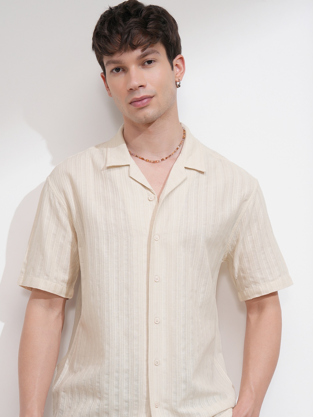 

HIGHLANDER Men Relaxed Fit Cuban Collar Textured Cotton Casual Shirt, Cream